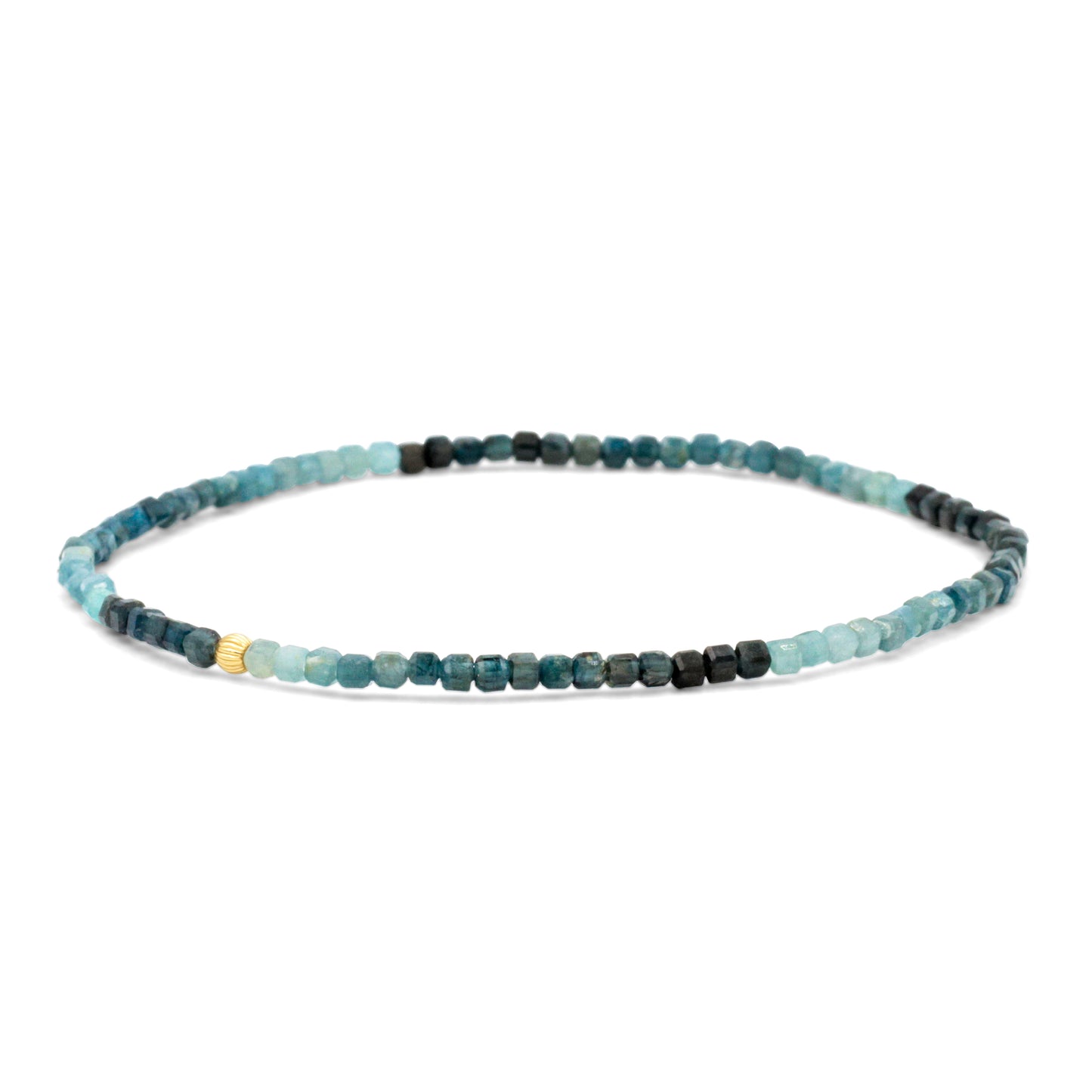 Earthly Abundance Grandidierite cube bracelet featuring blue gemstone cubes on a delicate silver chain.
