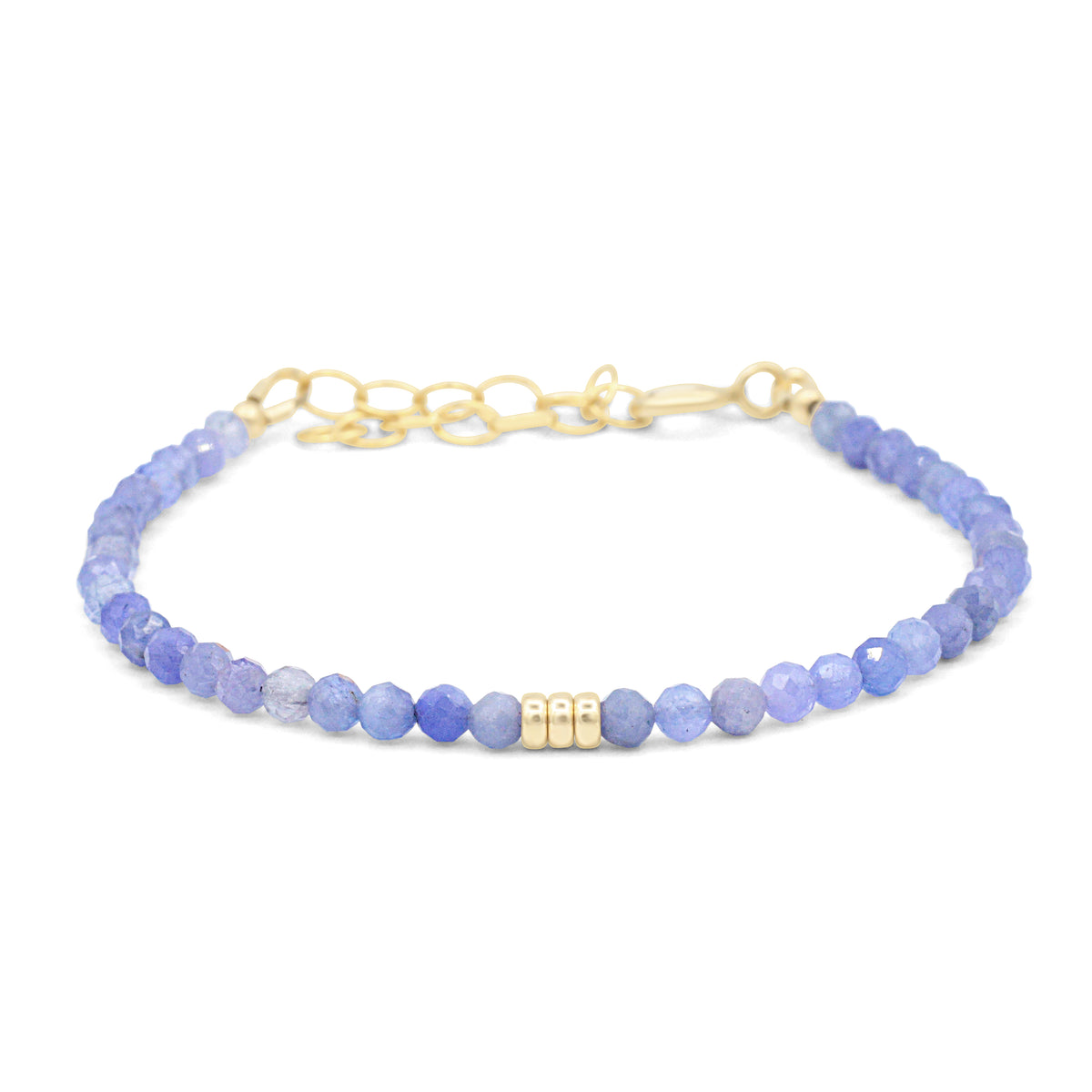 Blue 3mm AAA Tanzanite bracelet from Earthly Abundance featuring polished gemstone beads on a stretch cord.