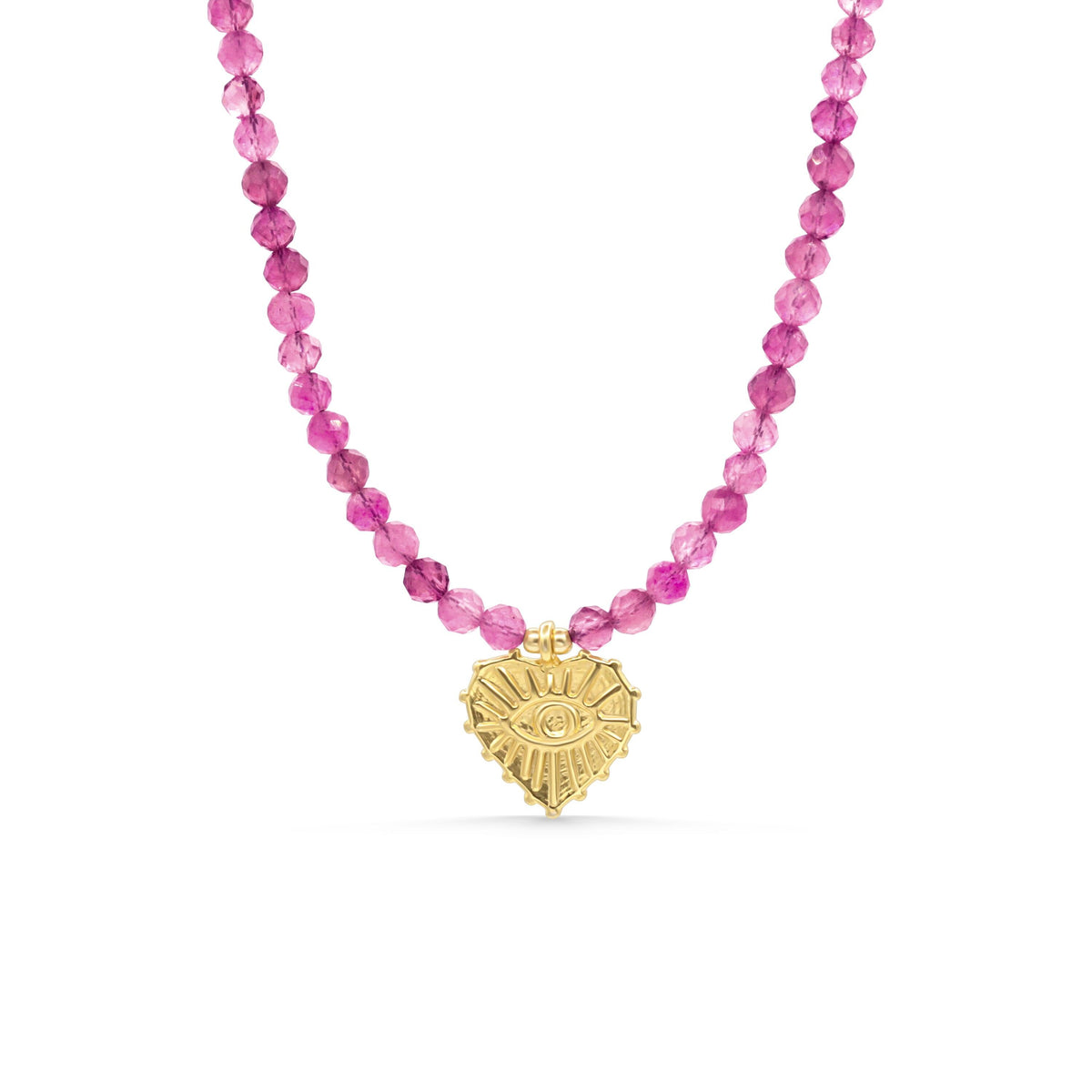 Pink Tourmaline Evil Eye Heart pendant from Earthly Abundance, featuring a heart-shaped pink gemstone with evil eye design.