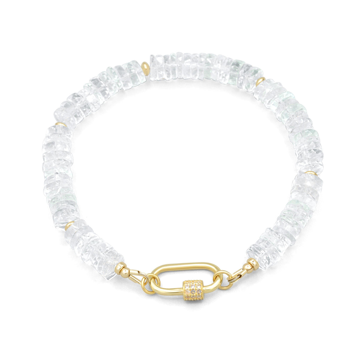 White topaz carabiner bracelet by Earthly Abundance featuring sparkling gemstones and a sturdy metal clasp.