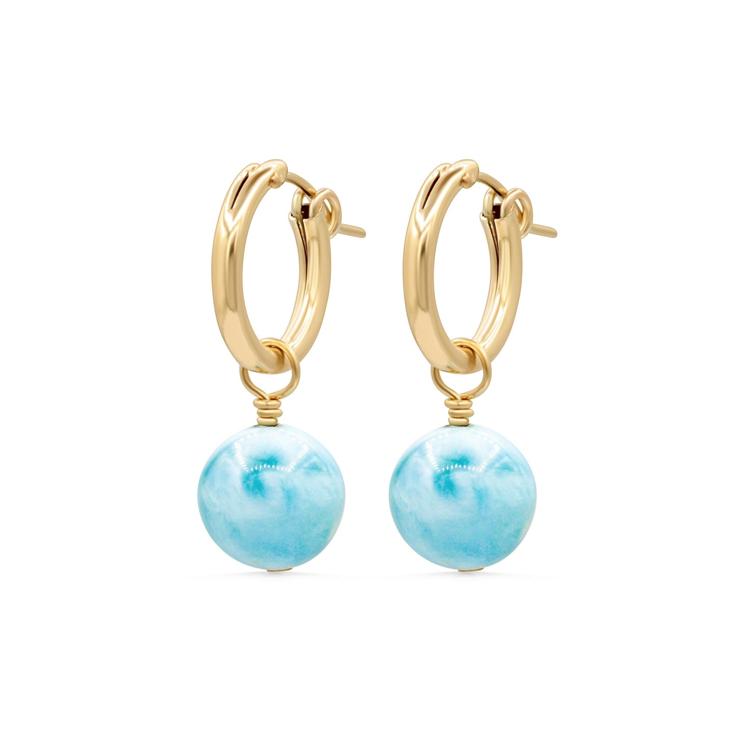 Larimar gemstone hoops earrings in 14K gold-filled settings, featuring round blue larimar stones with gold accents.