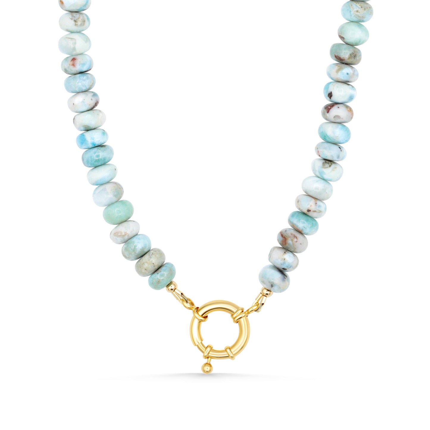 Larimar toggle necklace by Earthly Abundance featuring a blue gemstone pendant on a silver chain.