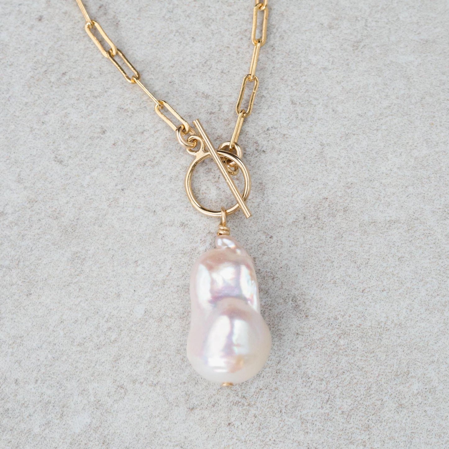 14K gold filled Pearl Paperclip Toggle jewelry clasp by Earthly Abundance, featuring a polished pearl and gold-filled finish.