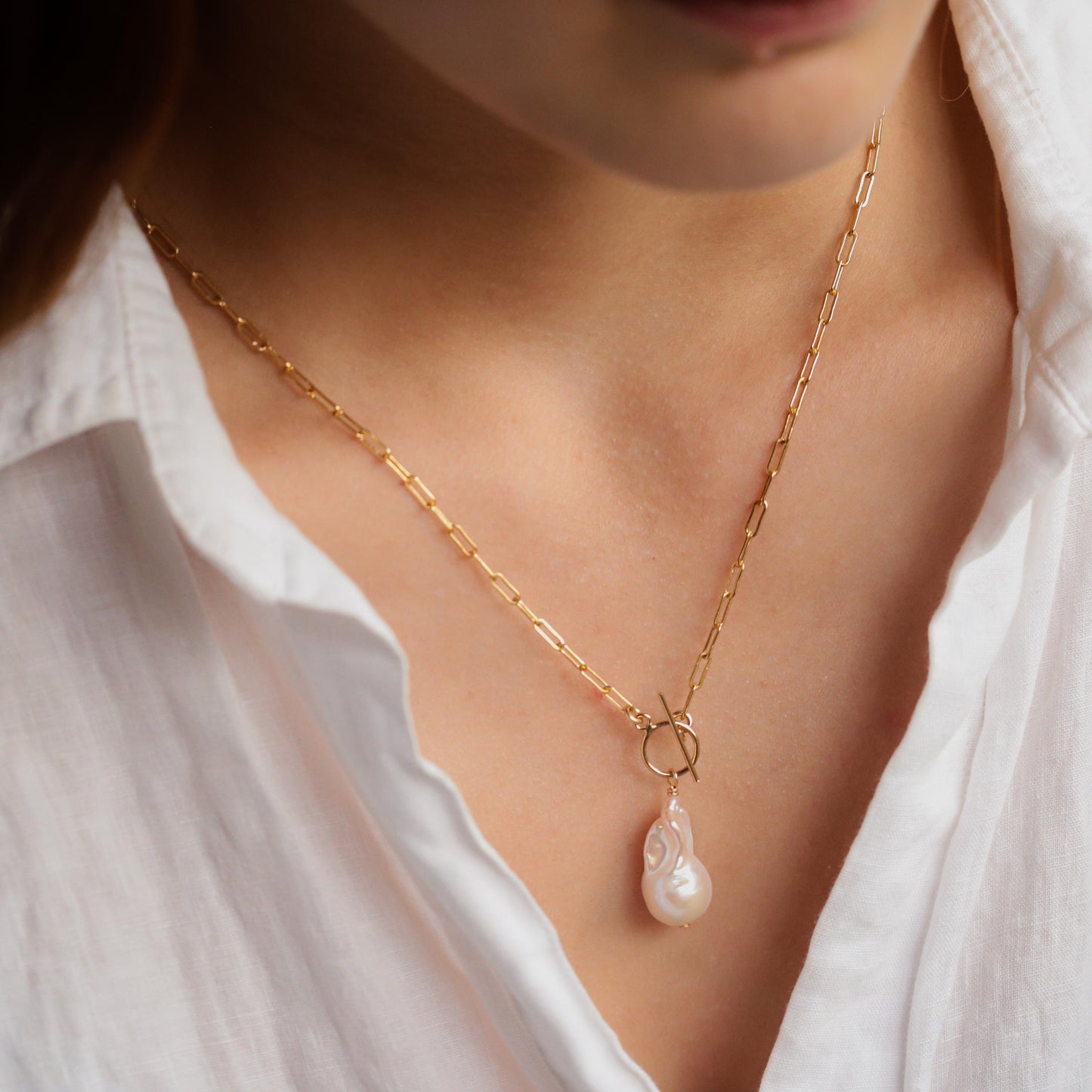 14K gold filled pearl paperclip toggle clasp by Earthly Abundance, featuring elegant pearl accents on a versatile jewelry clasp