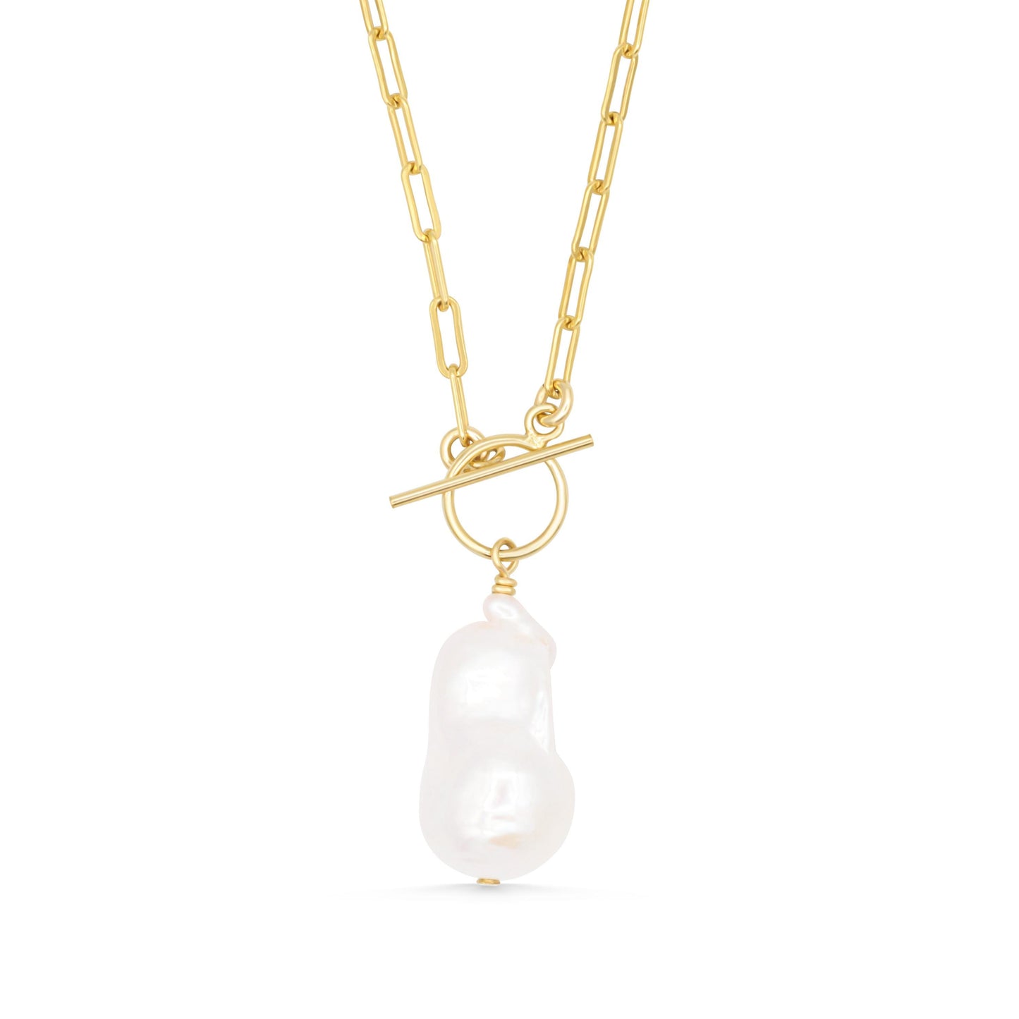 14K gold filled Pearl Paperclip Toggle clasp by Earthly Abundance, featuring a polished pearl accent on a sleek paperclip design.