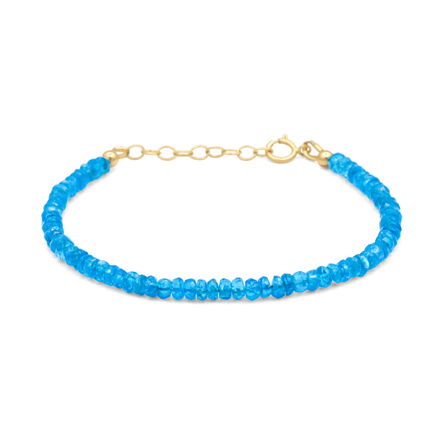 Aapatite bracelet made with genuine blue apatite gemstones on a 14K gold chain, showcasing elegant jewelry design.