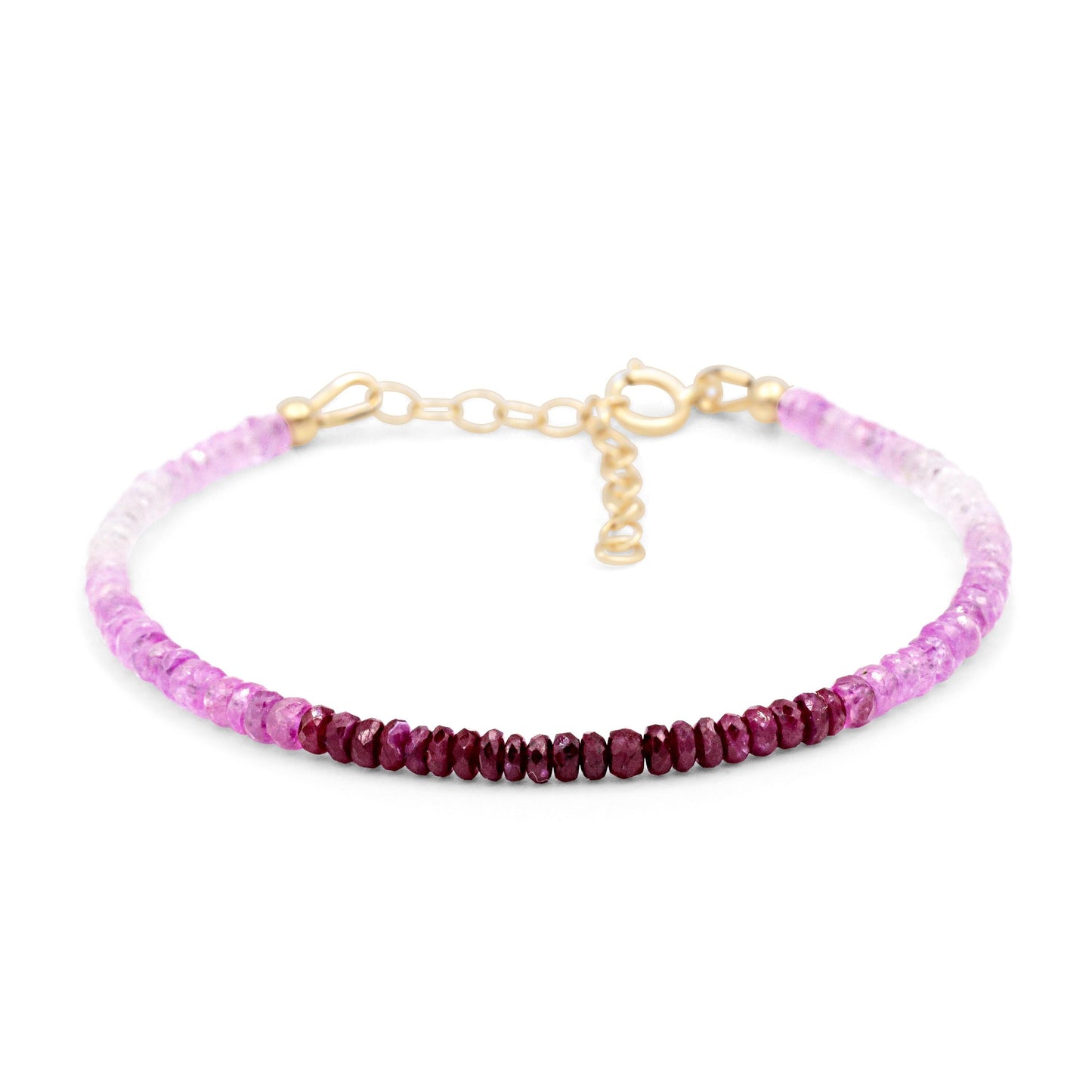 Raspberry Mist Ruby bracelet in 14K gold with vibrant ruby beads, elegant jewelry piece by Earthly Abundance.