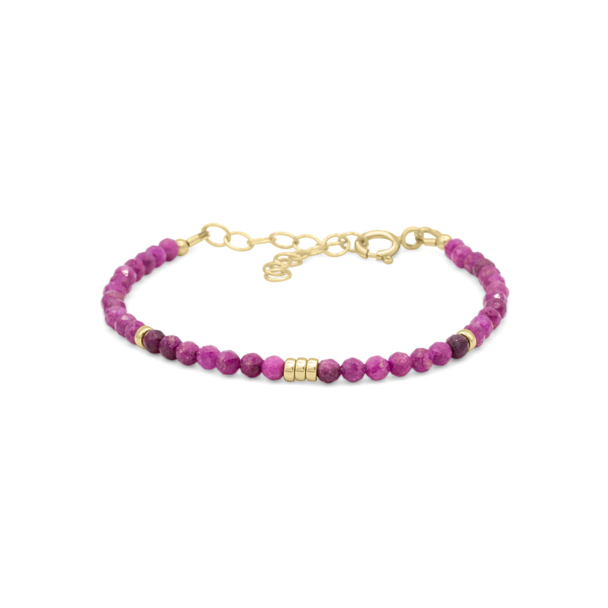Wild Berry Ruby bracelet in 14K gold by Earthly Abundance, featuring a vibrant ruby centerpiece and elegant gold chain.