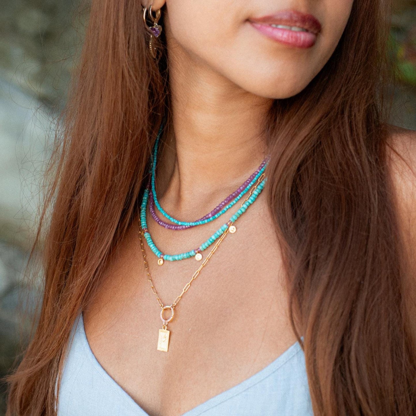 Turquoise and pink sapphire necklace featuring vibrant gemstones set in a delicate chain, by Earthly Abundance.