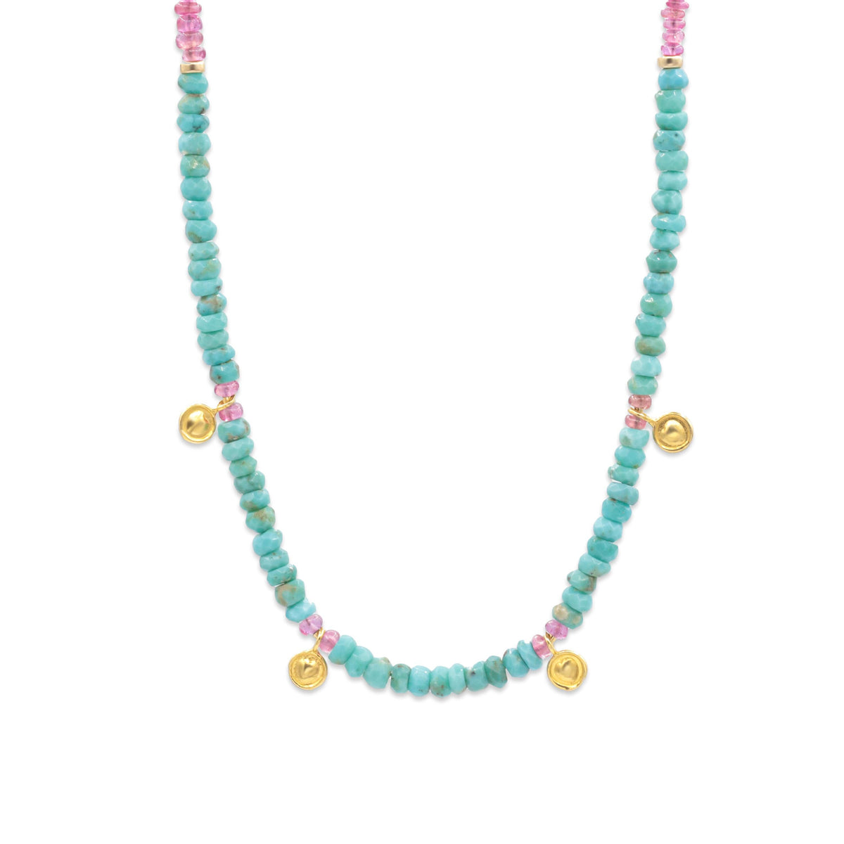 Turquoise and pink sapphire necklace featuring vibrant gemstone beads and a delicate chain from Earthly Abundance.