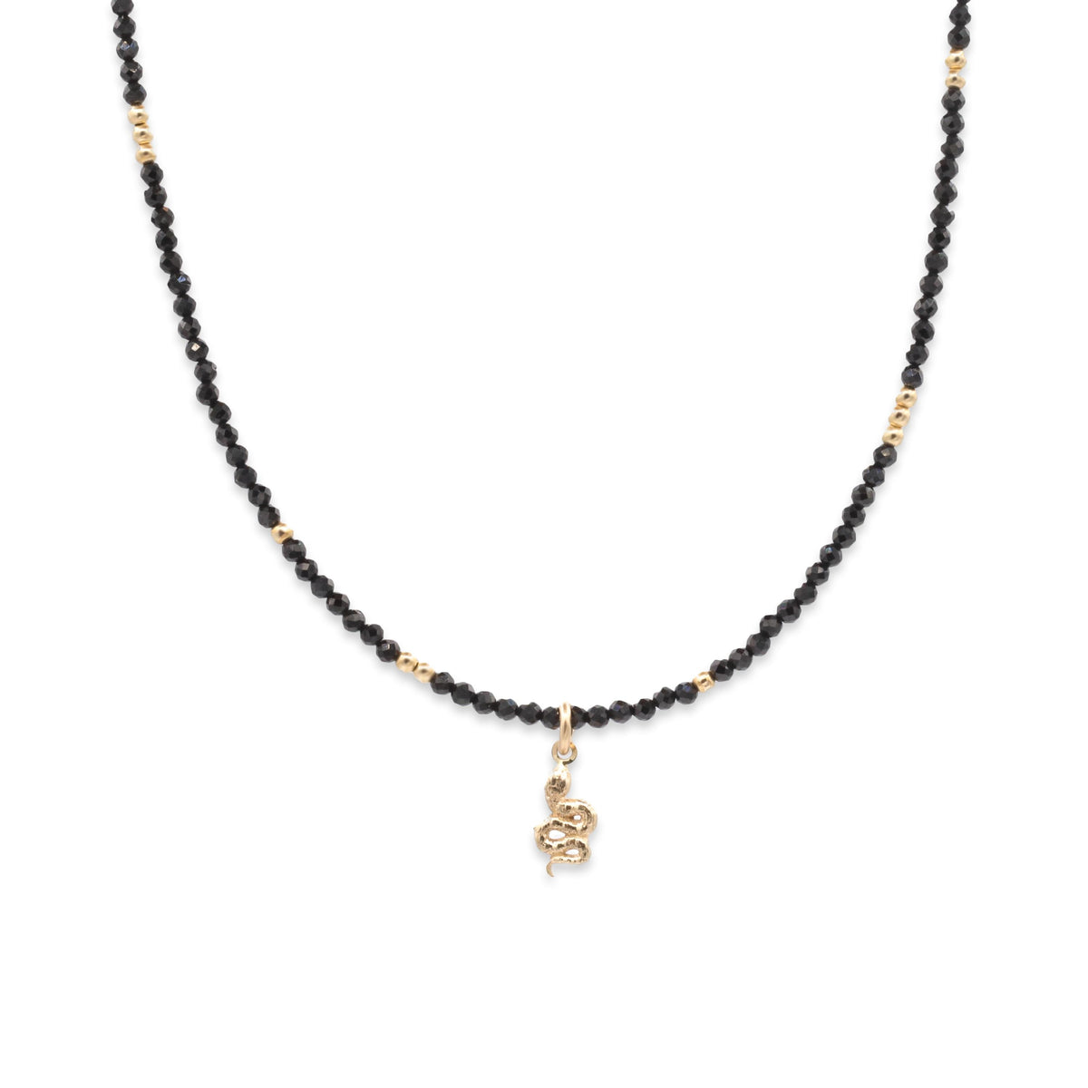 Black spinel necklace with 14K gold chain from Earthly Abundance, featuring a sleek, elegant design perfect for everyday wear.