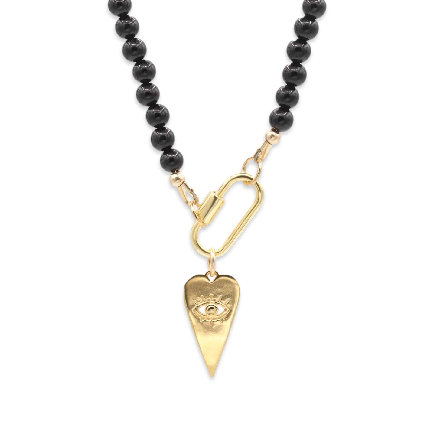 Black Tourmaline Carabiner Necklace from Earthly Abundance Jewelry featuring a polished black tourmaline stone on a metal carabiner clasp.
