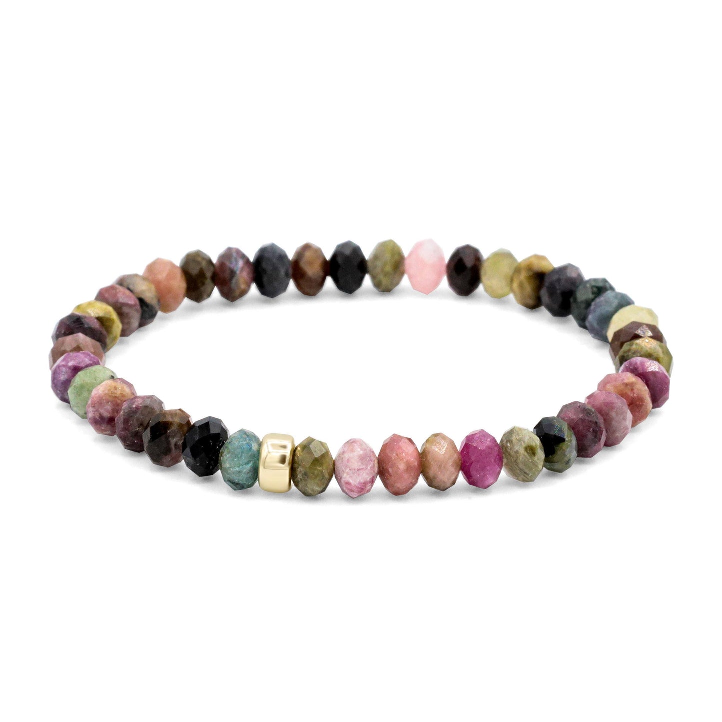 Mixed tourmaline bracelet by Earthly Abundance featuring colorful, polished gemstone beads on an elastic band.