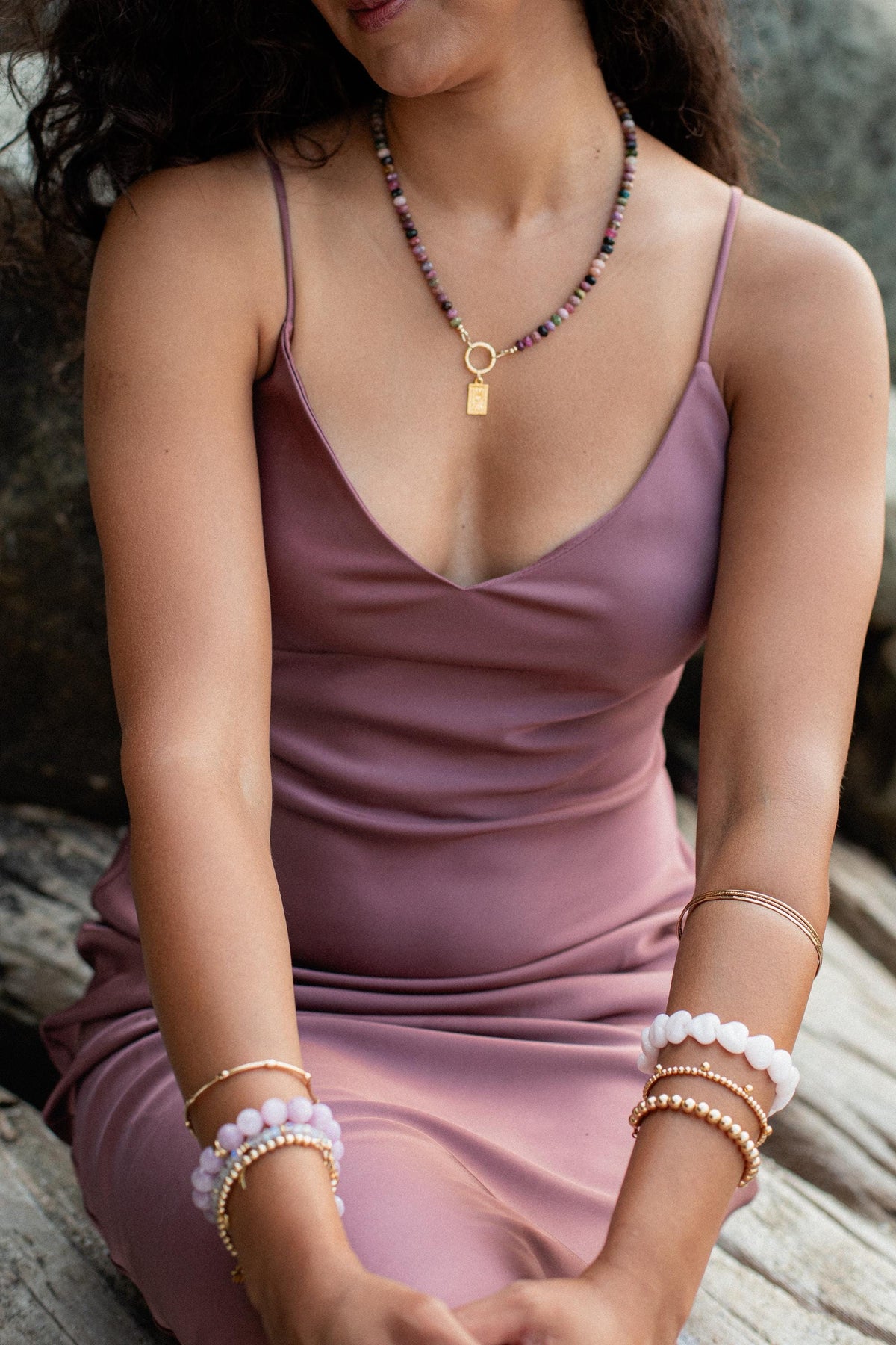 Mixed tourmaline beaded necklace by Earthly Abundance featuring colorful, polished gemstone beads on a jewelry strand.