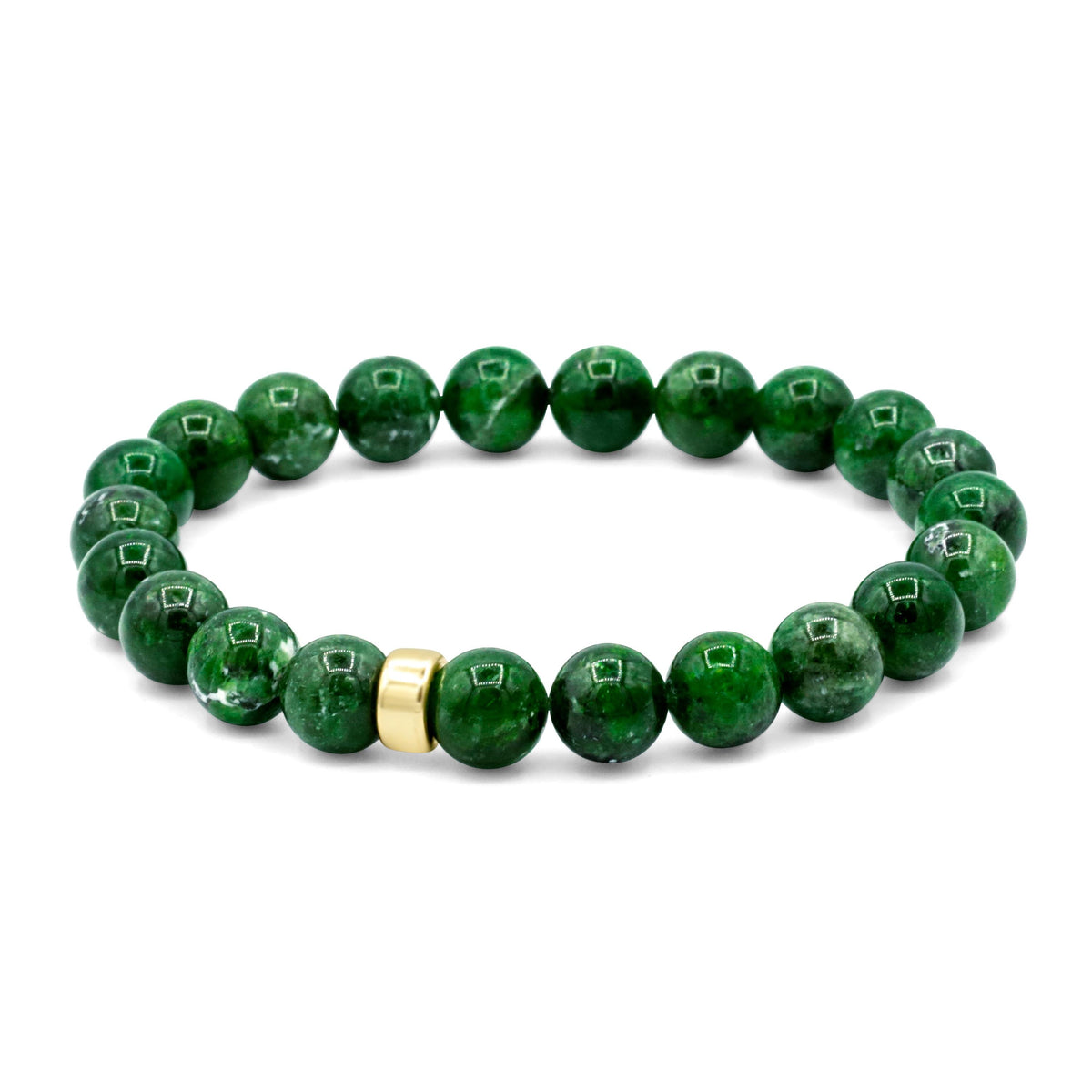 Chrome dioptase gemstone in 14K setting, showcasing vibrant green mineral with intricate natural patterns.