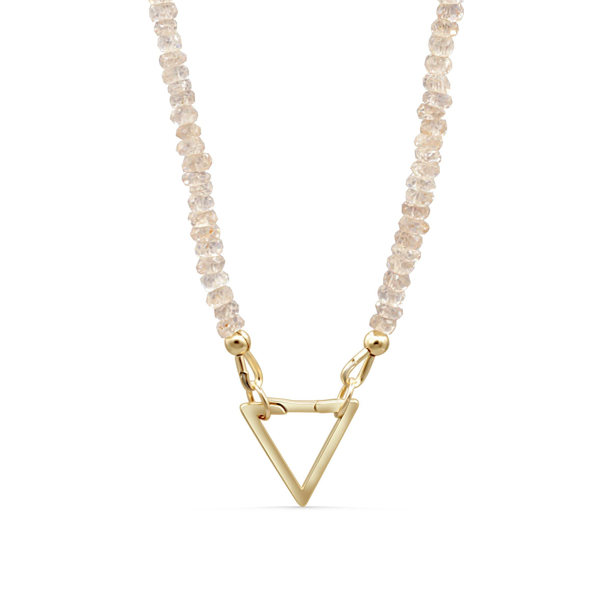 14K zircon triangle necklace by Earthly Abundance featuring a sparkling geometric pendant on a delicate chain.