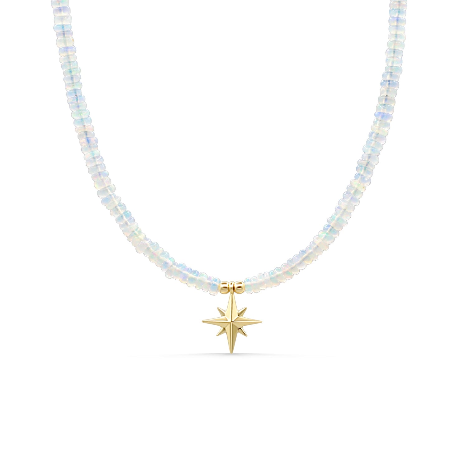 Ethiopian Opal North Star necklace with 14K gold chain, featuring a sparkling opal star pendant on a delicate gold chain.