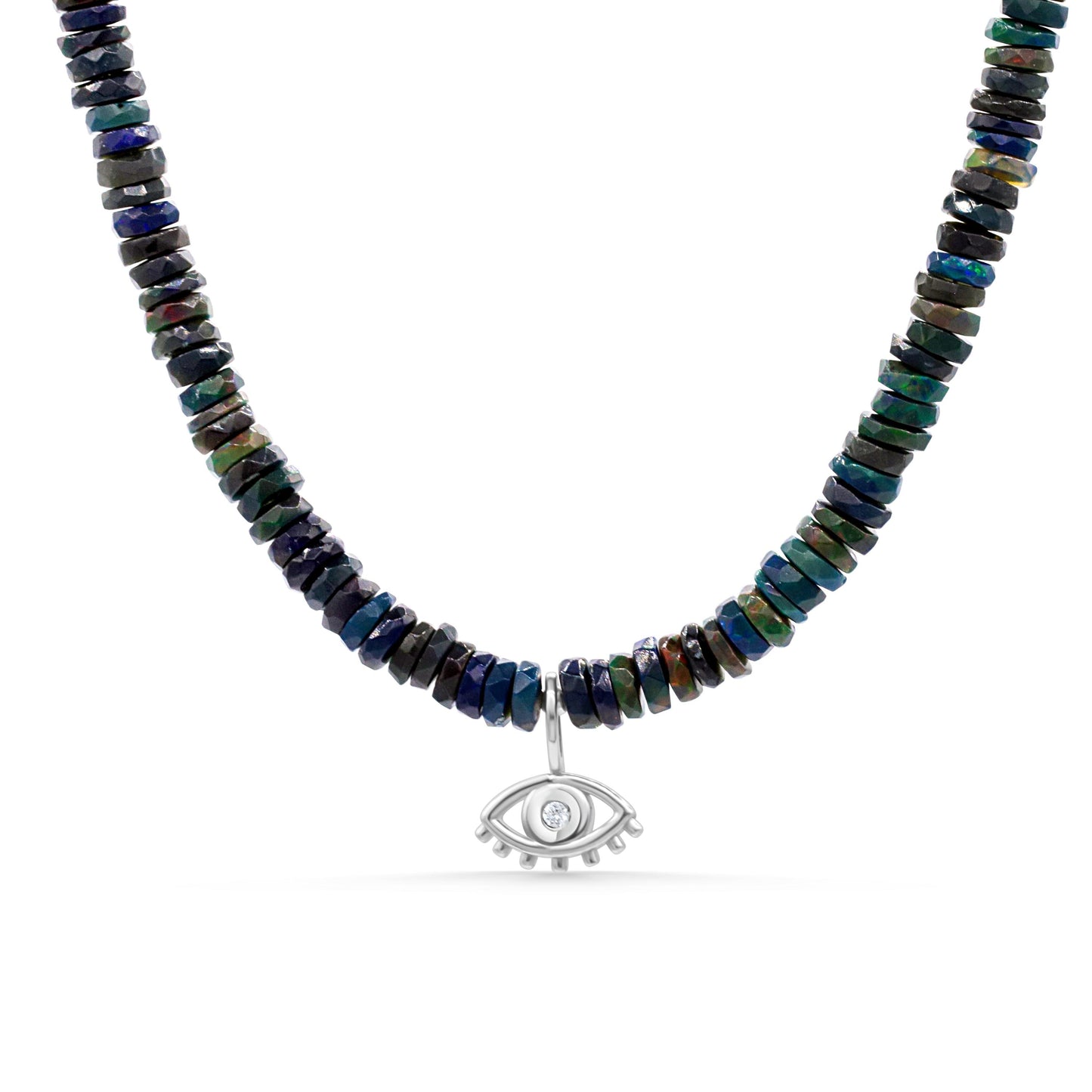 Black Ethiopian Opal Diamond Evil Eye pendant with intricate design, featuring shimmering opal and sparkling diamonds.
