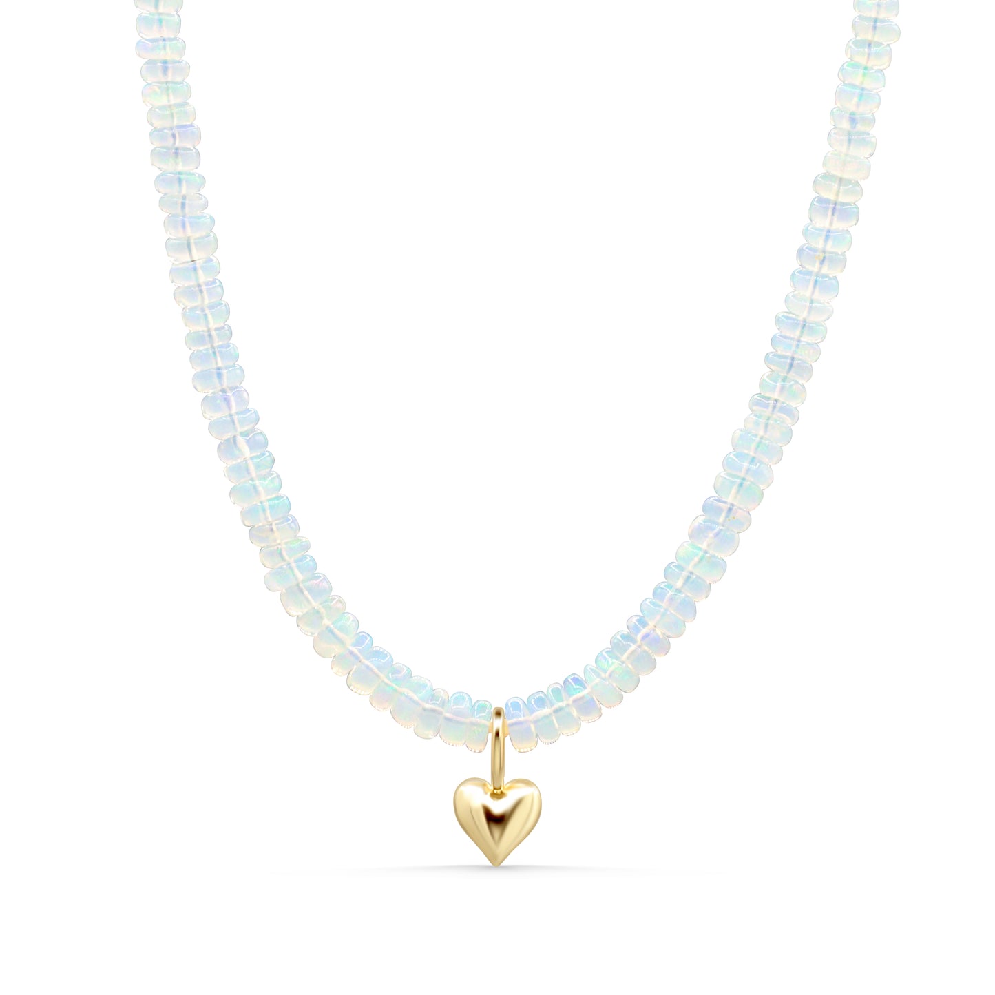 Ethiopian Opal Heart Necklace in 14K gold, featuring a vibrant, polished heart-shaped opal pendant on a delicate chain.