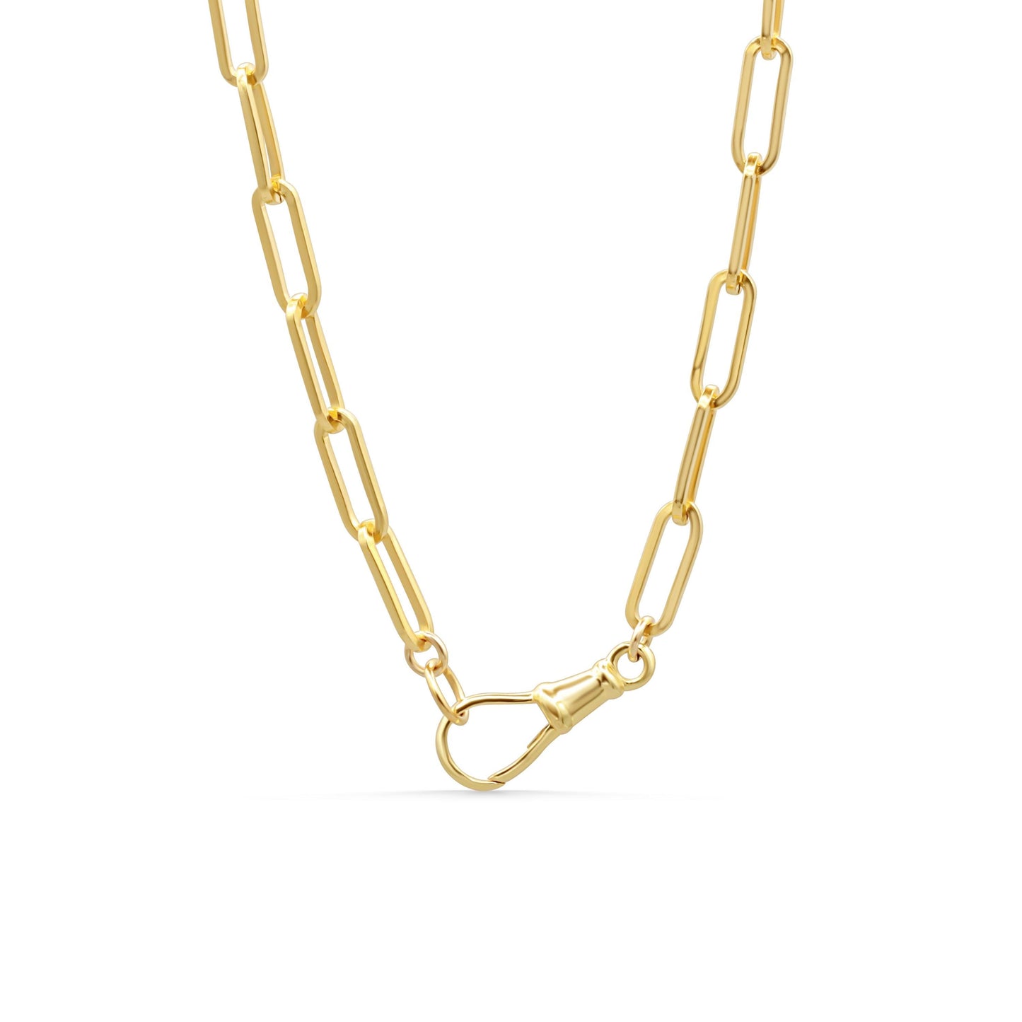 14K gold filled swivel paperclip chain by Earthly Abundance, showing smooth, shiny interconnected paperclip links.