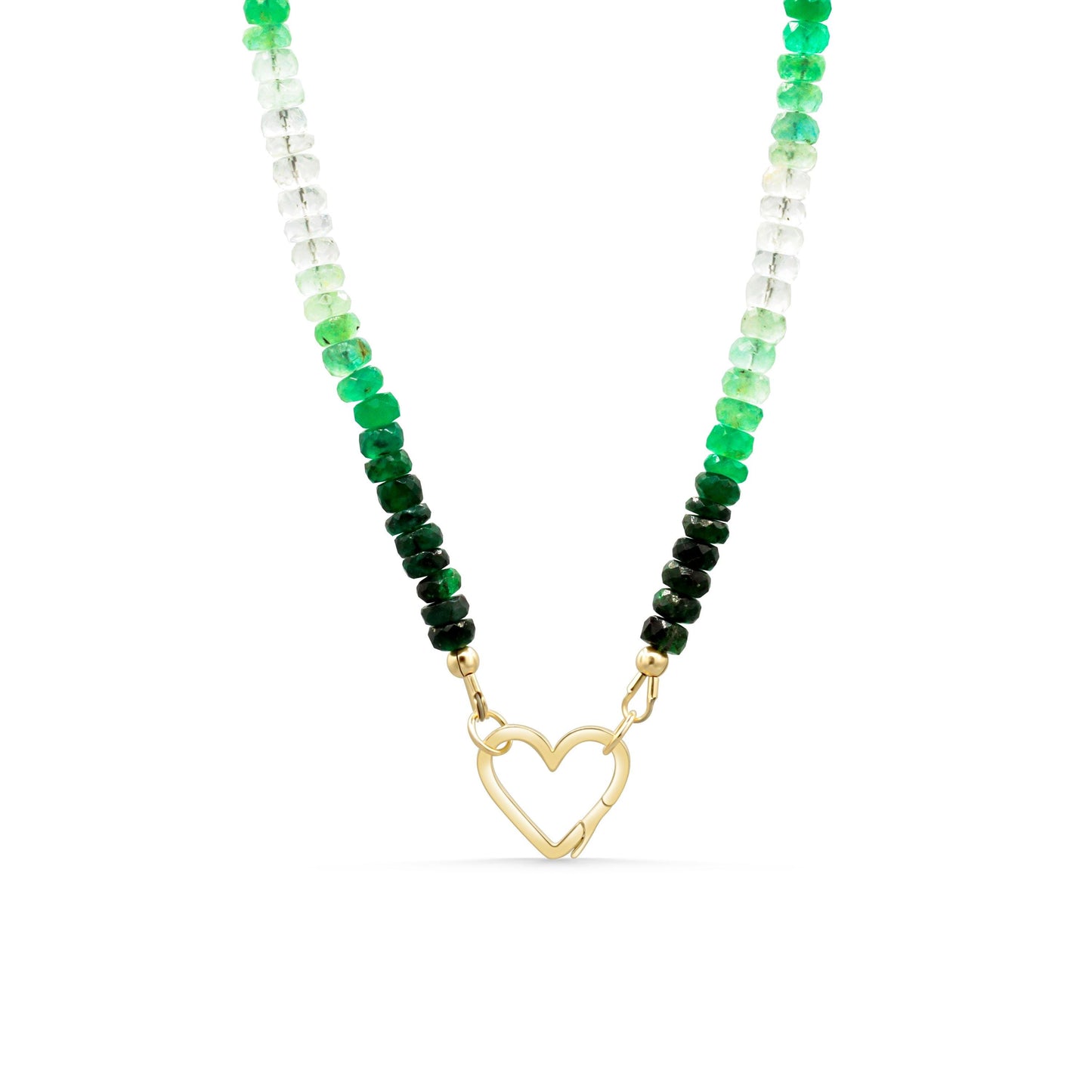 Emerald heart-shaped 14K gold carabiner necklace from Earthly Abundance with a detailed close-up of the jewelry piece.