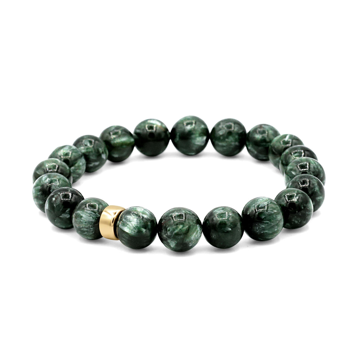 10mm Seraphinite gemstone bead strand, natural green with silvery shimmer, from Earthly Abundance, showcasing polished round beads.