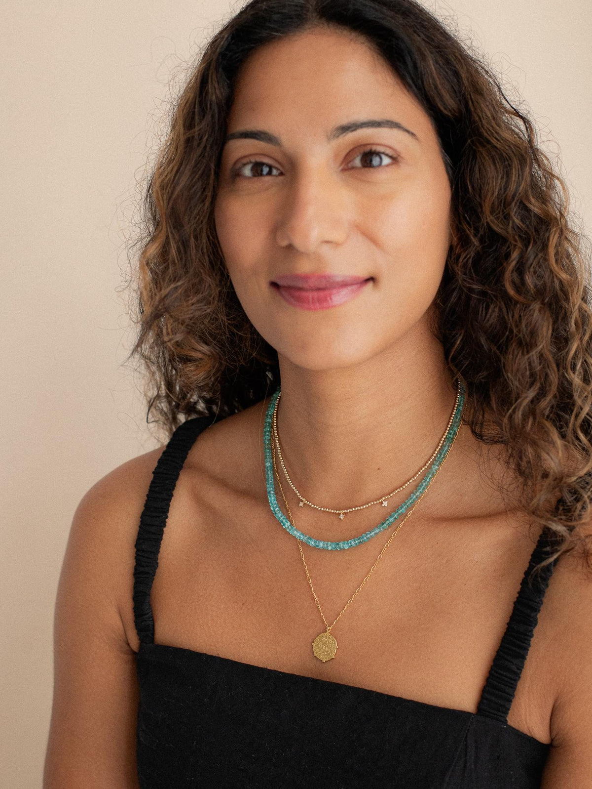 Bi-color apatite necklace in 14K gold with a delicate chain, showcasing vibrant blue and green hues, by Earthly Abundance.