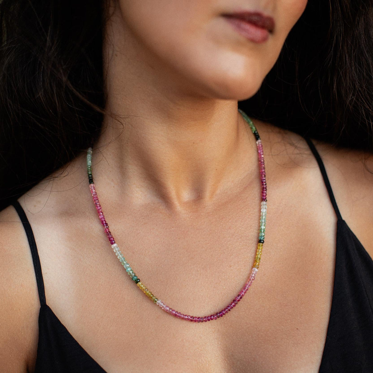 Wild Harmony Mixed Tourmaline Necklace by Earthly Abundance featuring colorful, polished tourmaline stones on a delicate chain.