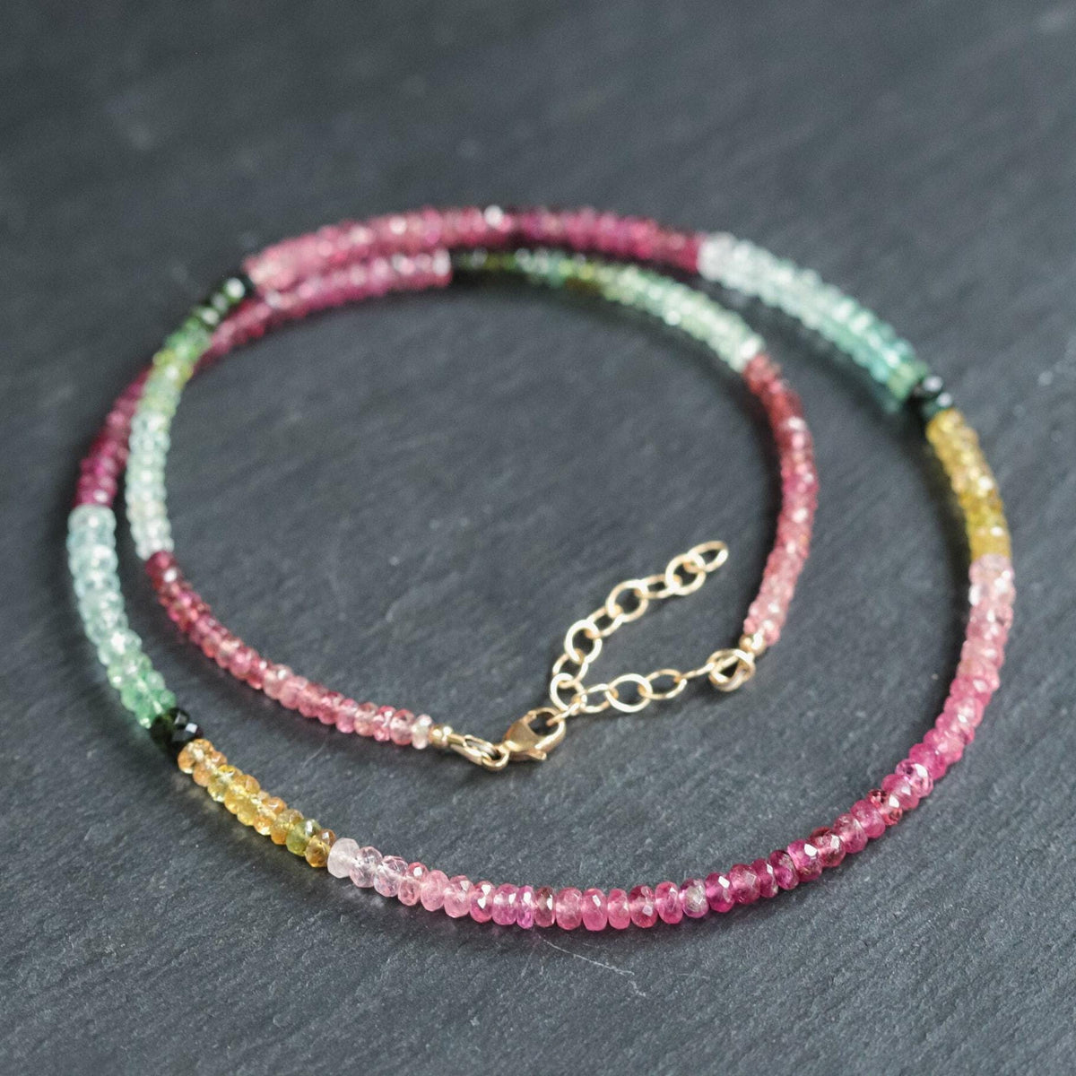 Earthly Abundance Wild Harmony mixed tourmaline necklace with colorful gemstone beads and silver clasp.