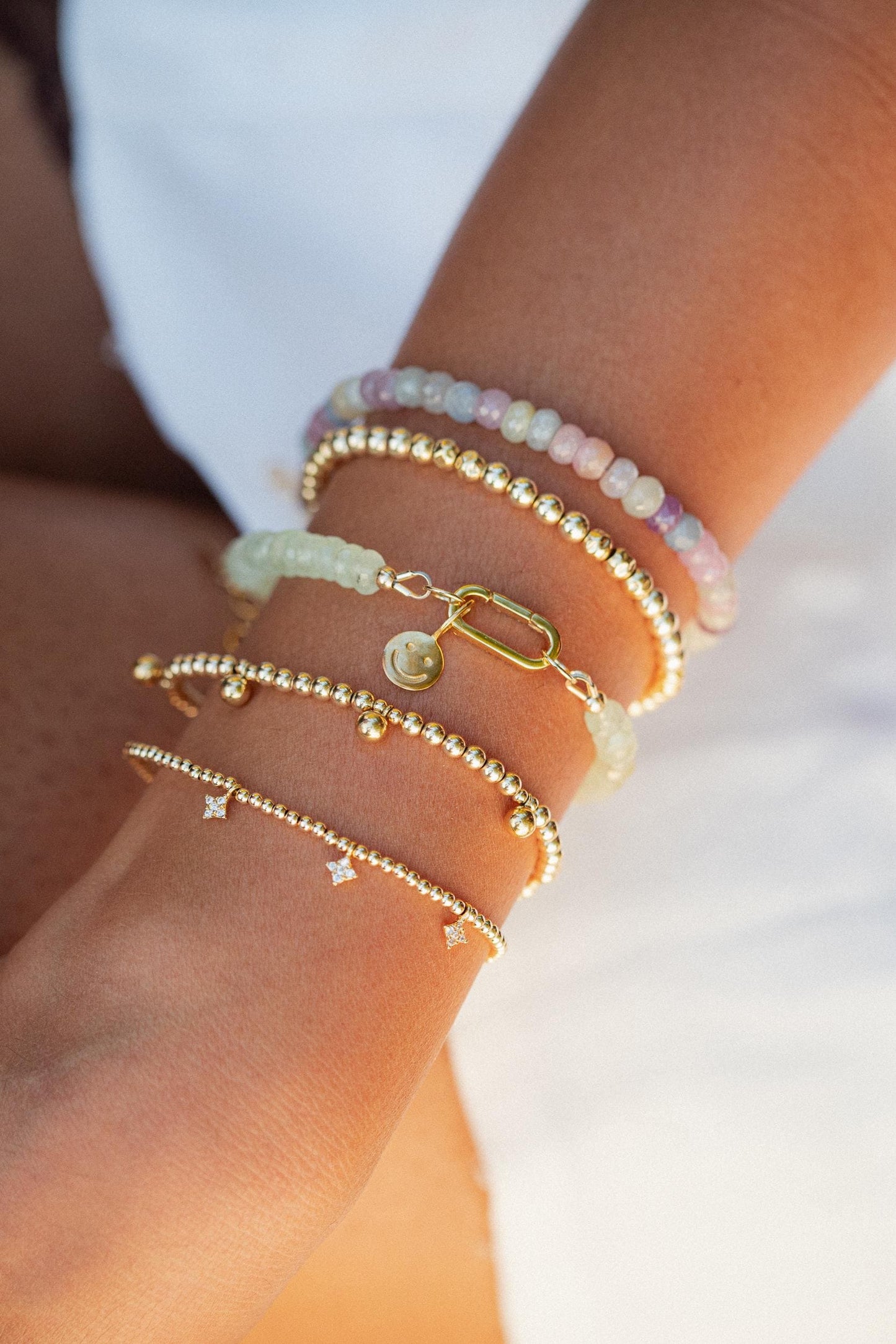 Gold filled beaded ball bracelet by Earthly Abundance featuring round beaded design and polished gold finish.