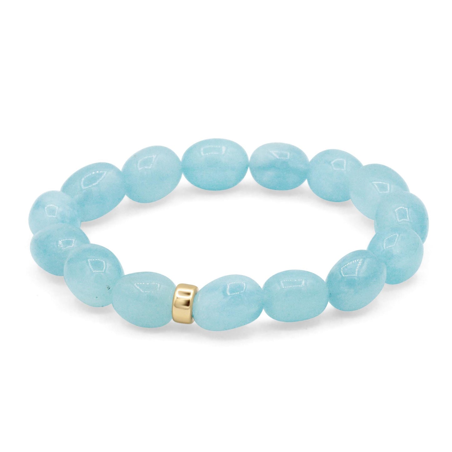 Aquamarine nugget bracelet with 14K gold clasp, featuring polished blue gemstone nuggets on a delicate chain.
