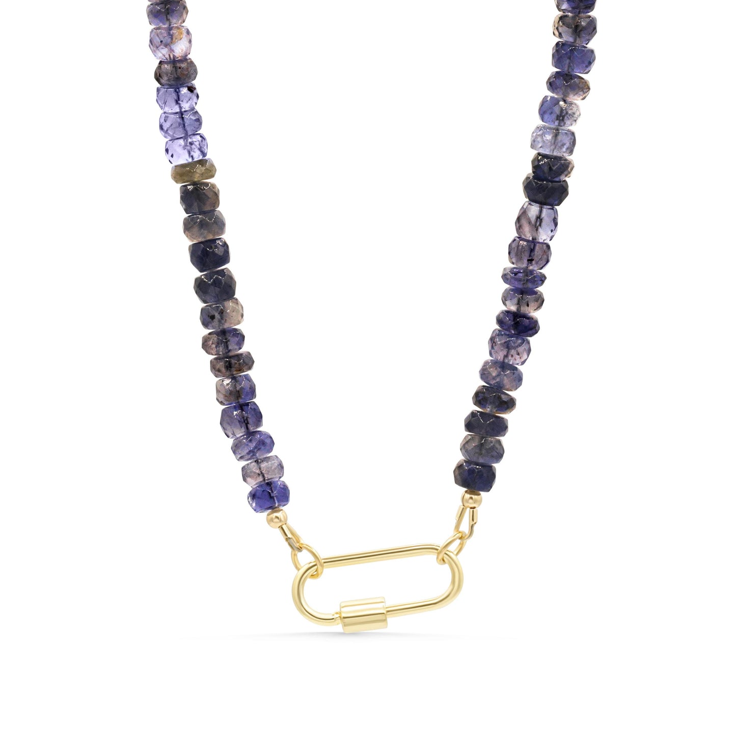Ombre Iolite Carabiner Necklace with blue and purple gemstones on a silver chain, designed by Earthly Abundance