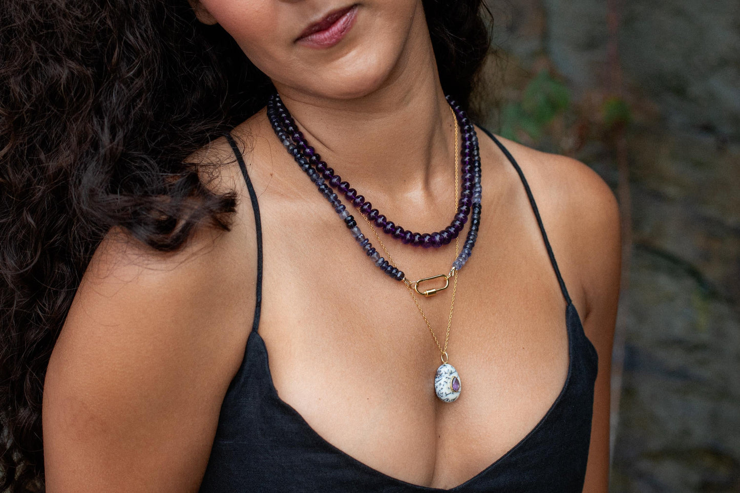 Ombre Iolite Carabiner Necklace with polished gemstone pendant on a silver chain, featuring a modern, stylish design.