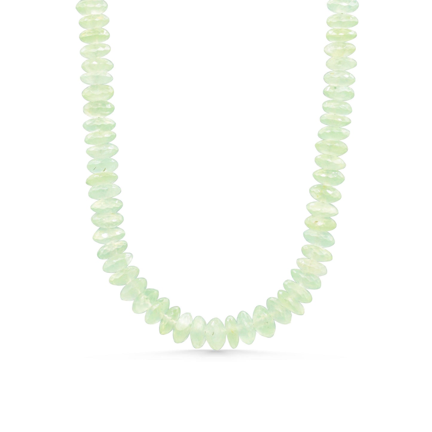 Prehnite necklace with 14K gold setting, featuring a smooth green gemstone pendant on a delicate chain.