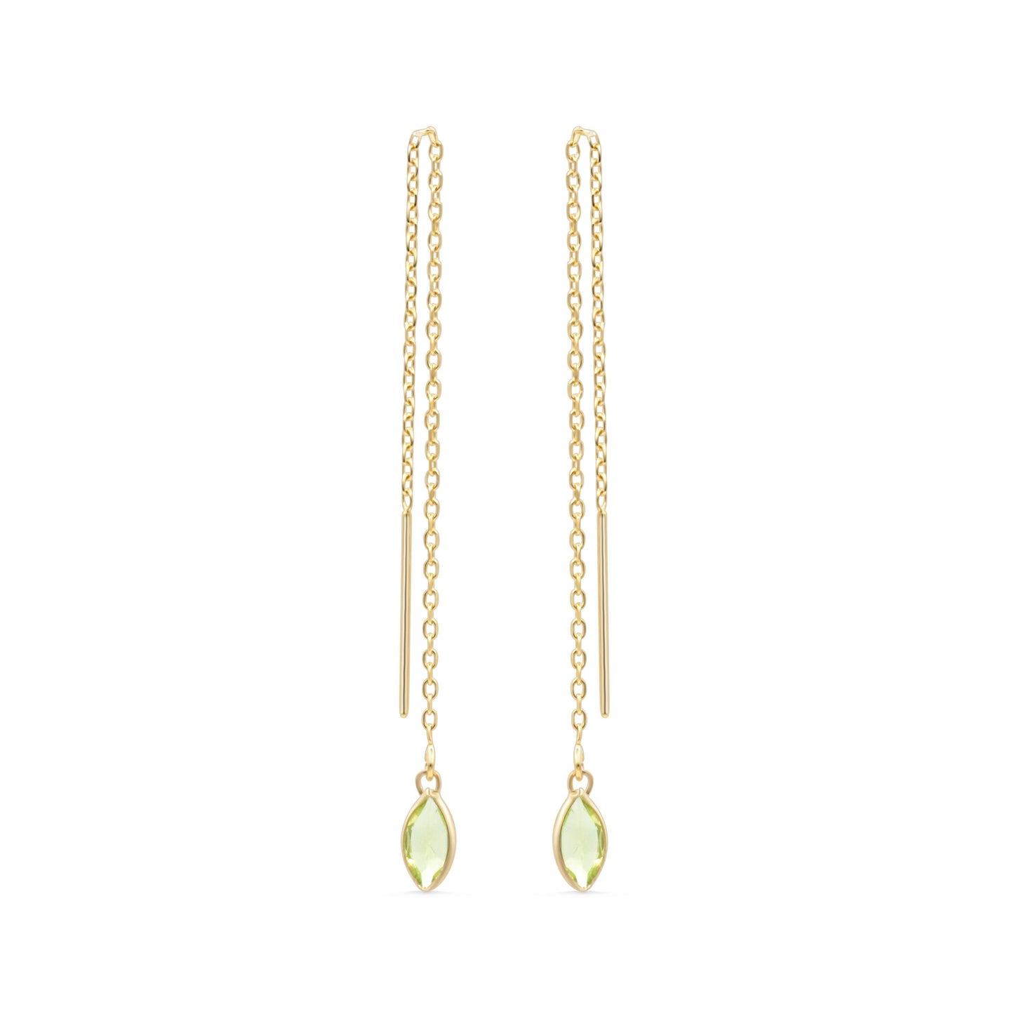 Peridot threader marquise earrings in 14K gold from Earthly Abundance, featuring green gemstone dangles and delicate design.