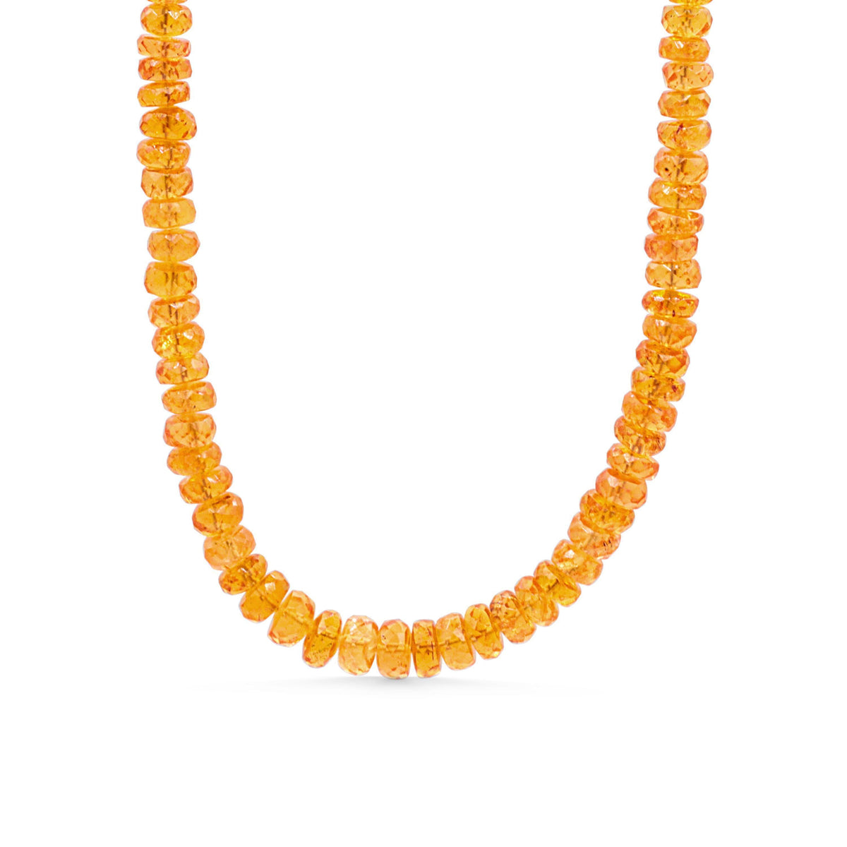 Spessartite garnet necklace with 14K gold chain from Earthly Abundance, featuring vibrant orange-red gemstones.
