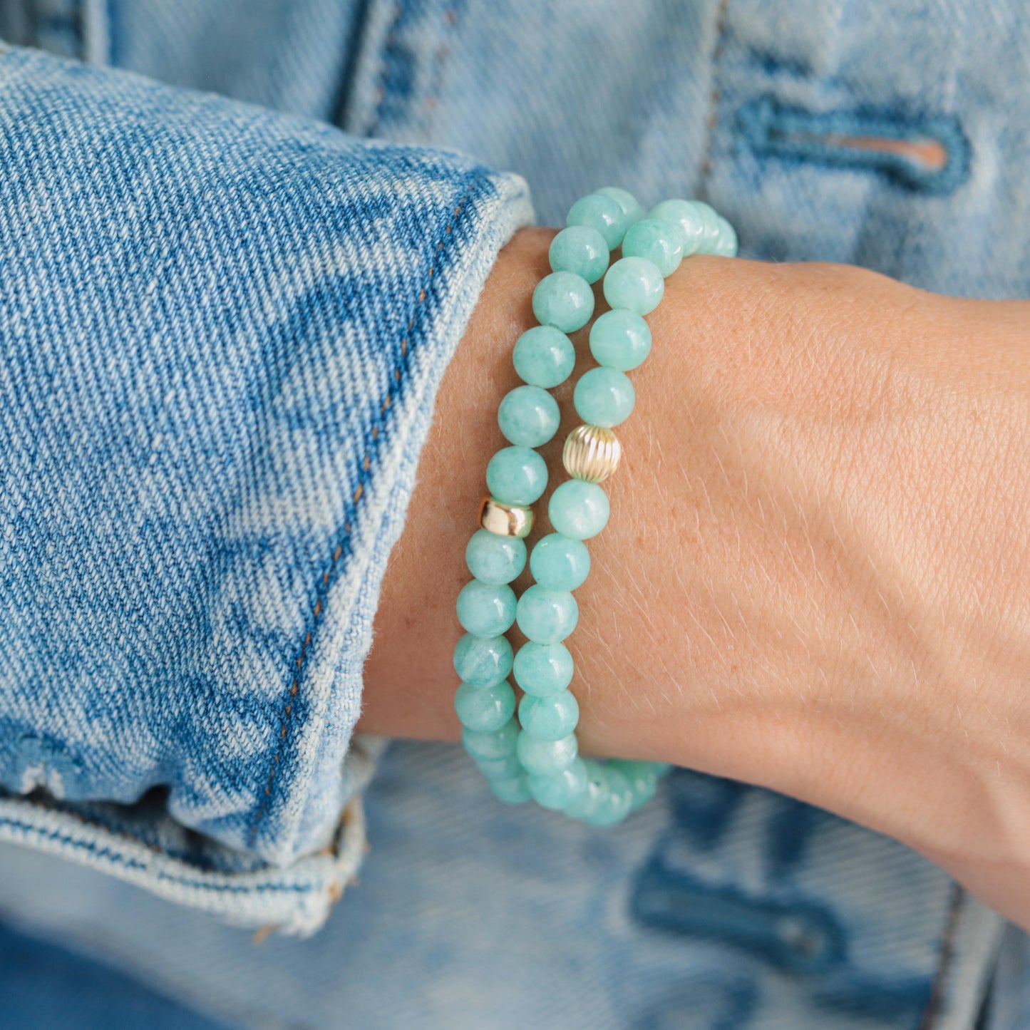 Brazilian Amazonite bracelet with 6mm beads from Earthly Abundance, featuring smooth, polished gemstones on a flexible cord.