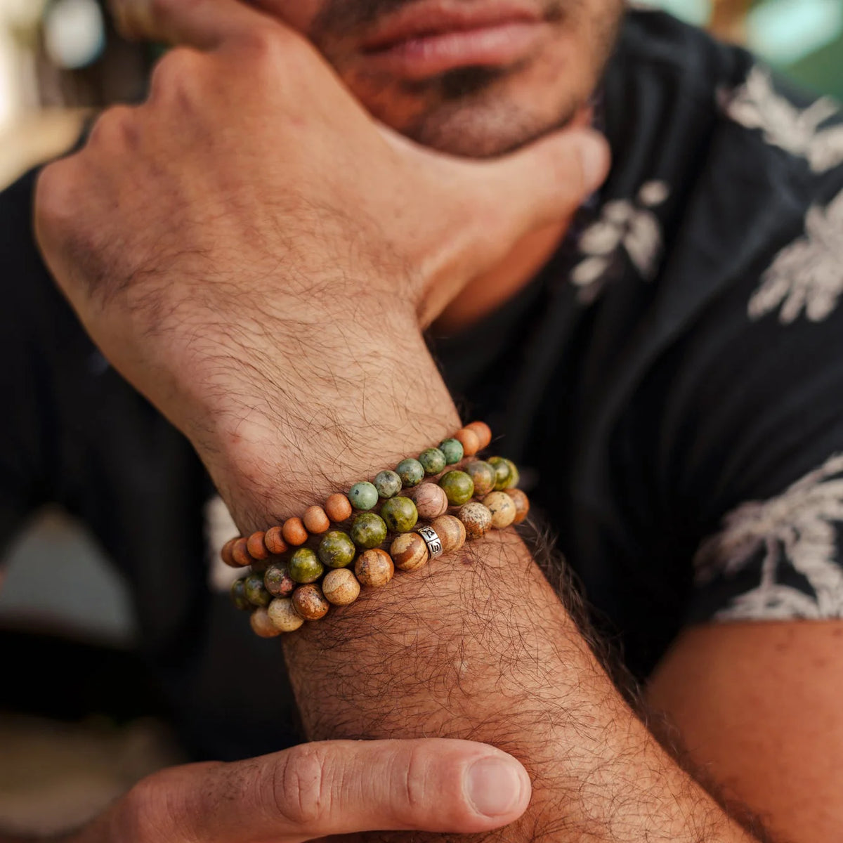 Earthly Abundance Earth & Element Bracelet Stack featuring layered beaded bracelets with earthy tones and metallic accents.