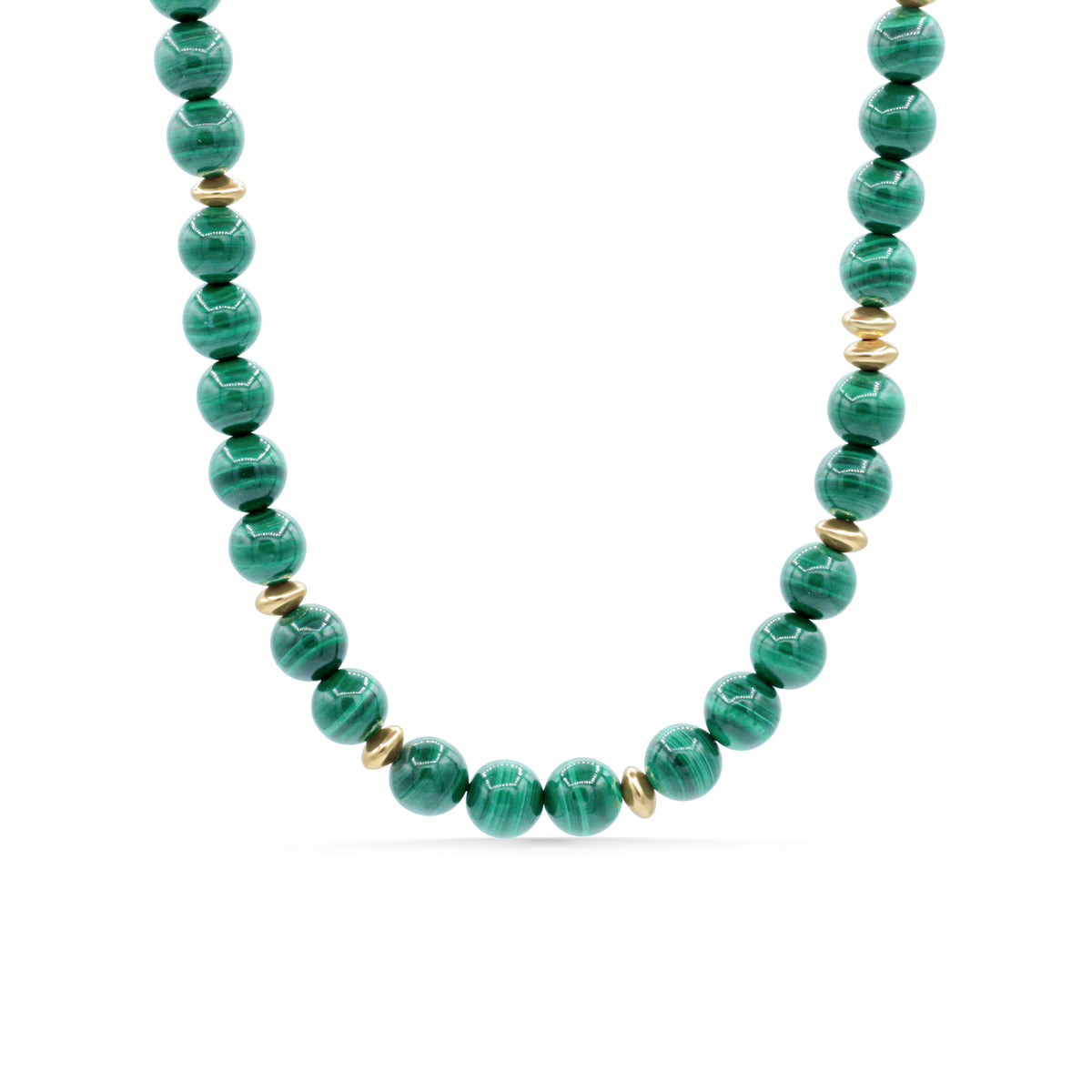 Malachite power necklace from Earthly Abundance Jewelry featuring vibrant green stones on a silver chain.