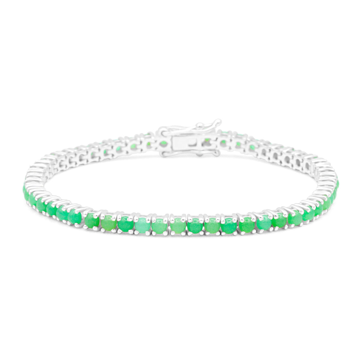 Earthly Abundance Chrysoprase tennis bracelet featuring smooth green gemstone beads on a delicate silver chain.