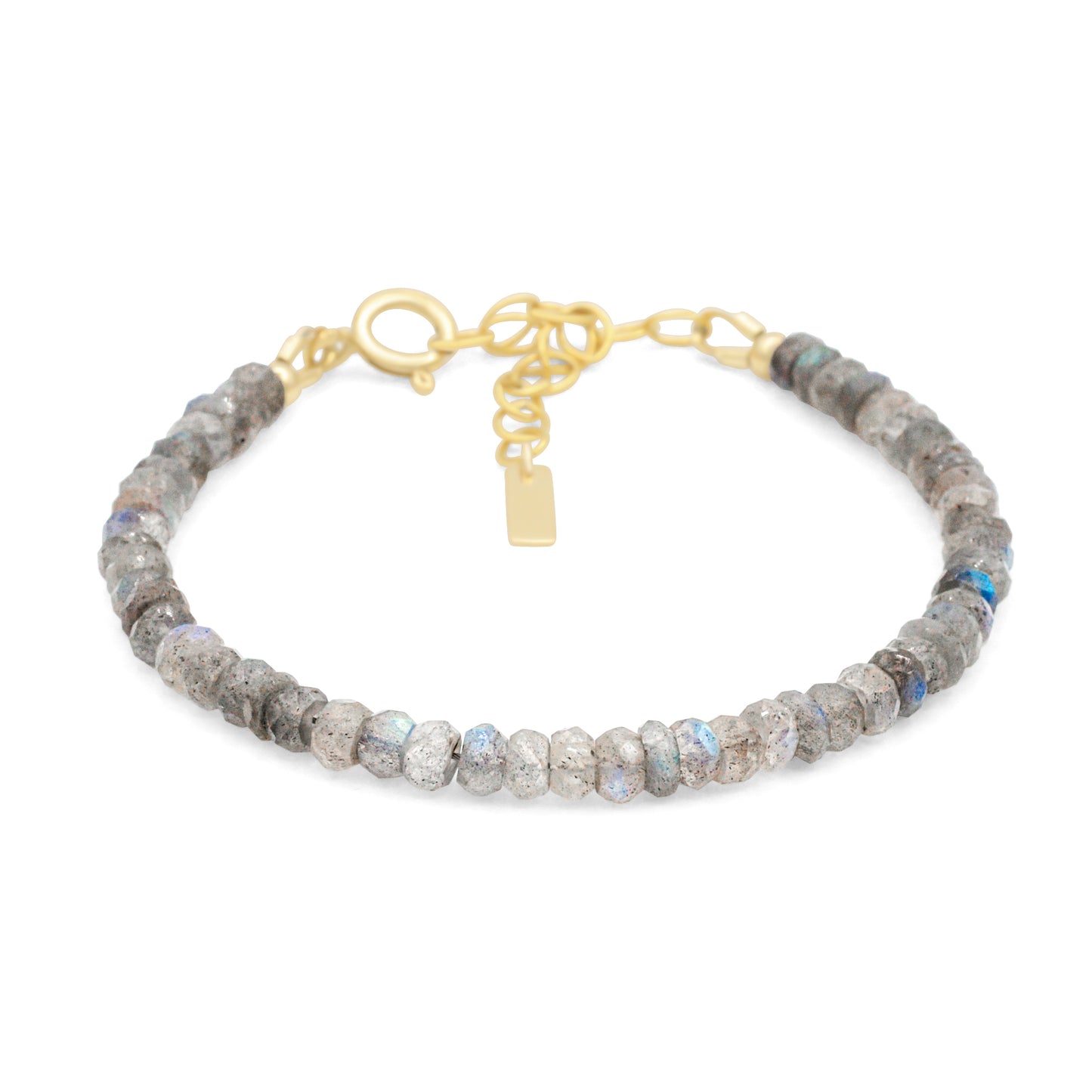Labradorite protection bracelet with polished stones on an elastic band, designed for spiritual shielding and style.