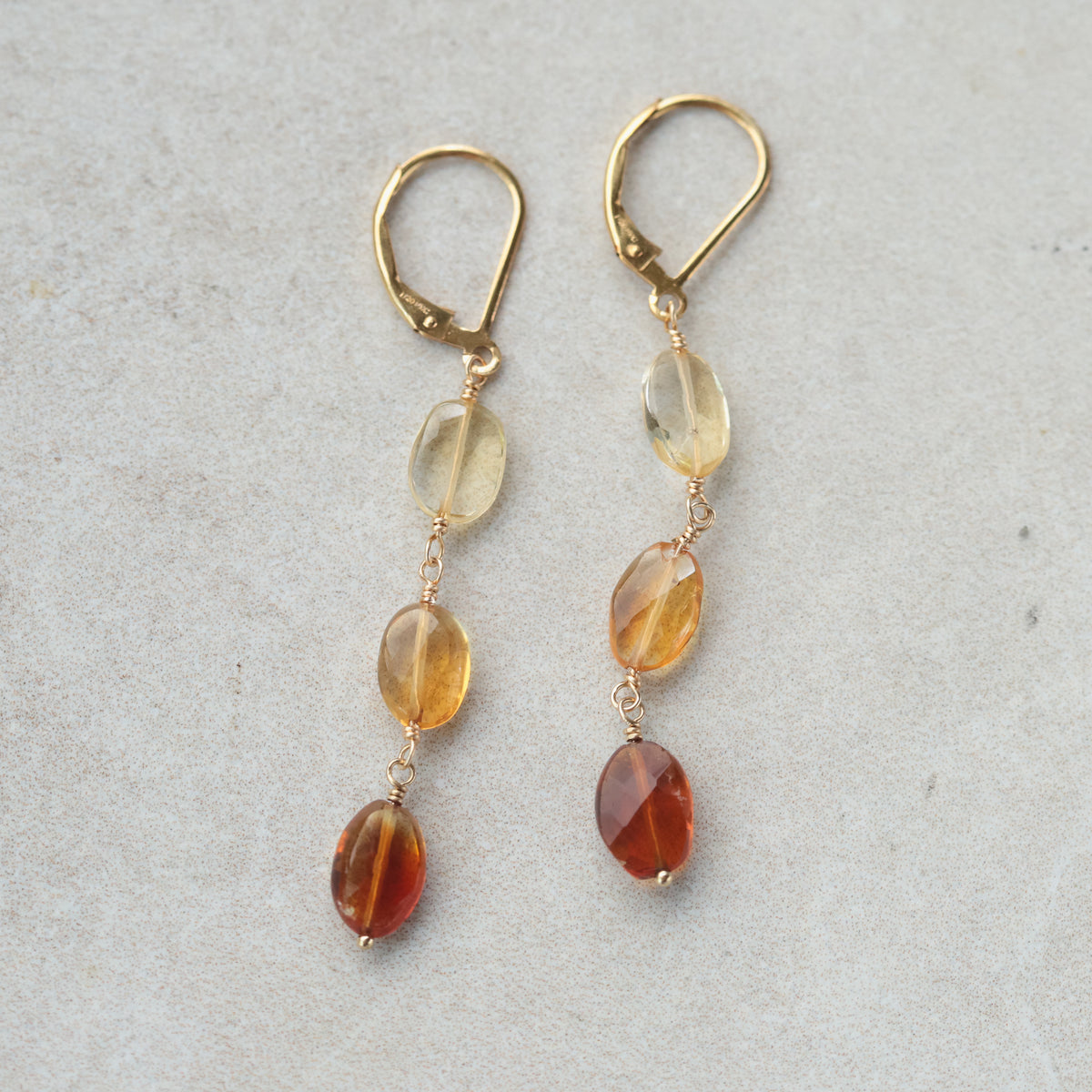 Citrine drop earrings with 14K gold-filled settings, featuring faceted citrine gemstones and elegant gold hooks.
