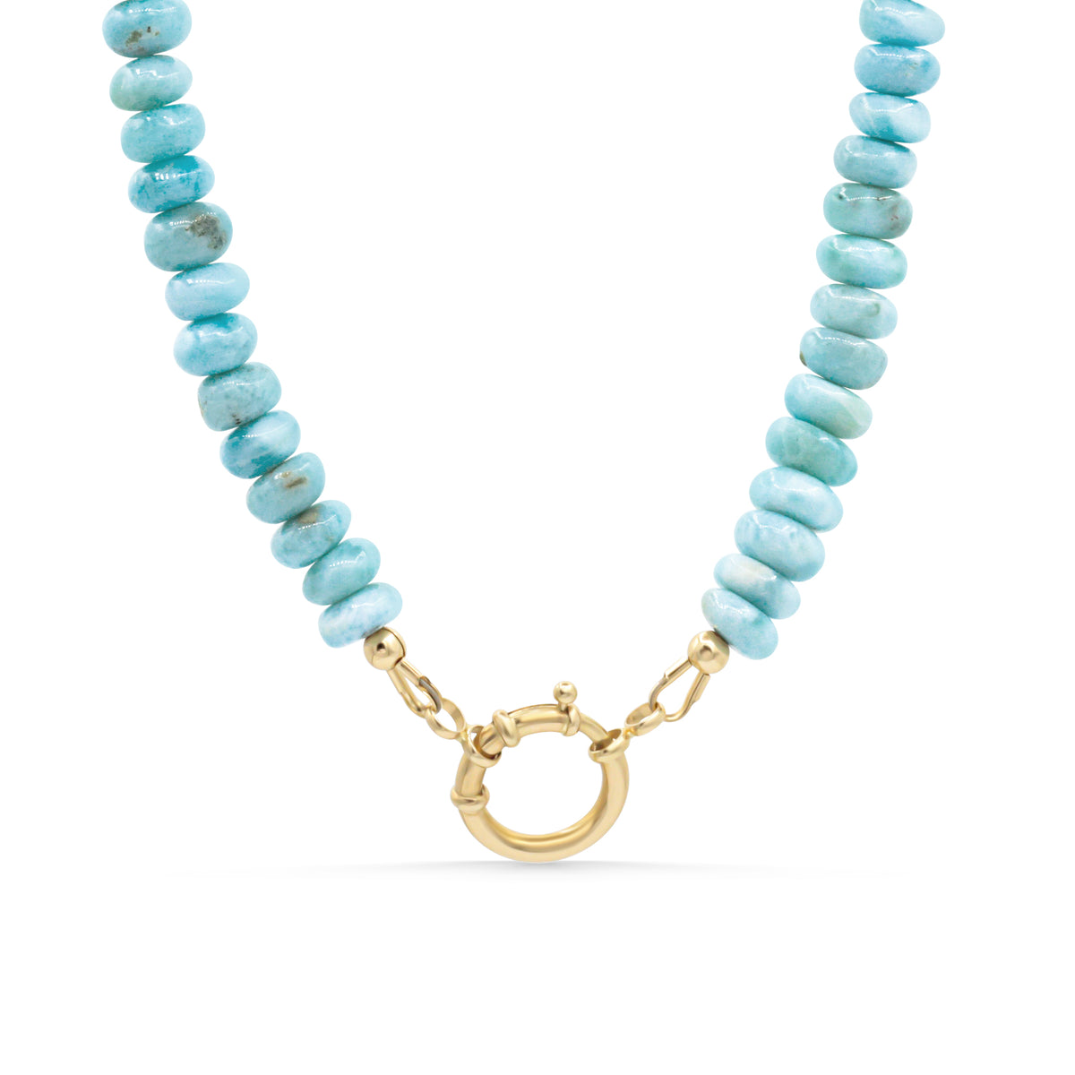Larimar necklace with 14K gold chain featuring a tranquil blue Larimar pendant, elegant jewelry from Earthly Abundance.