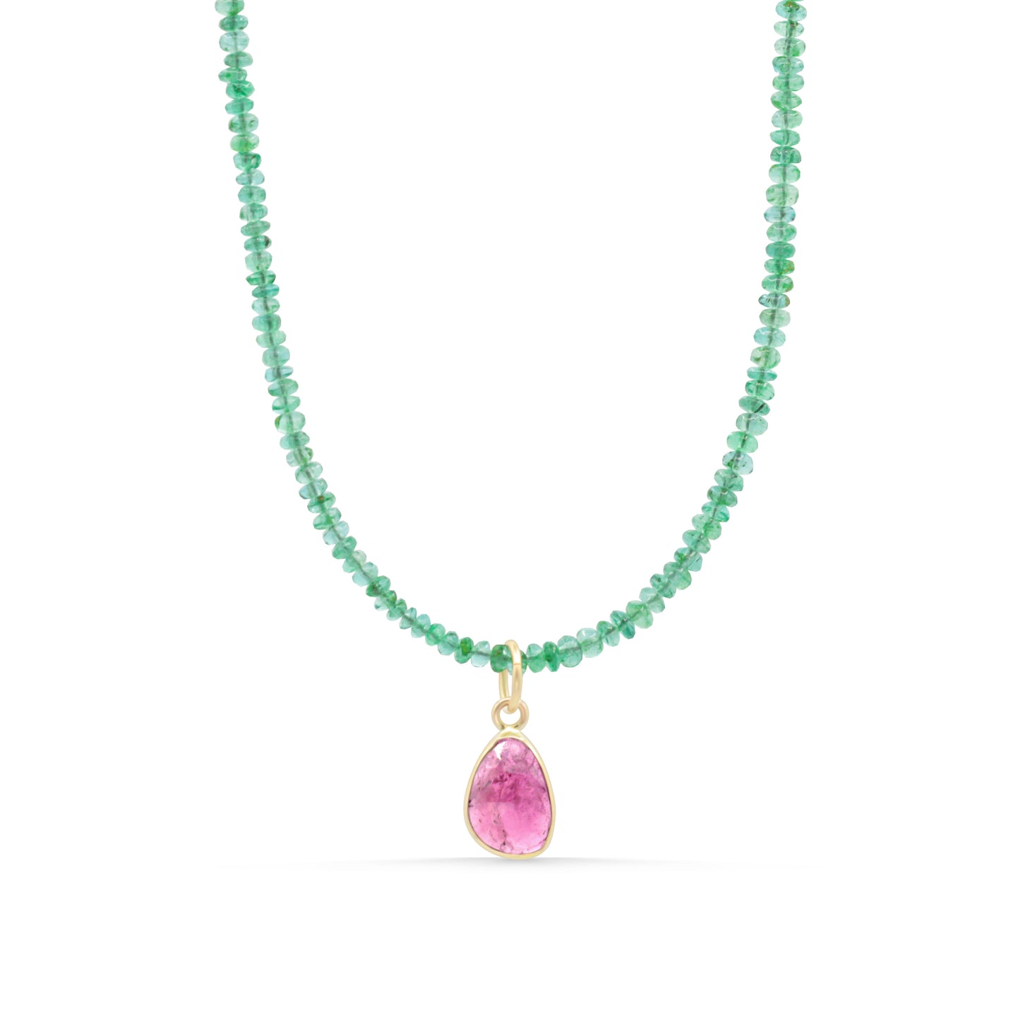 Zambian emerald and pink tourmaline necklace with silver chain, featuring vibrant green emeralds and pink tourmaline stones.
