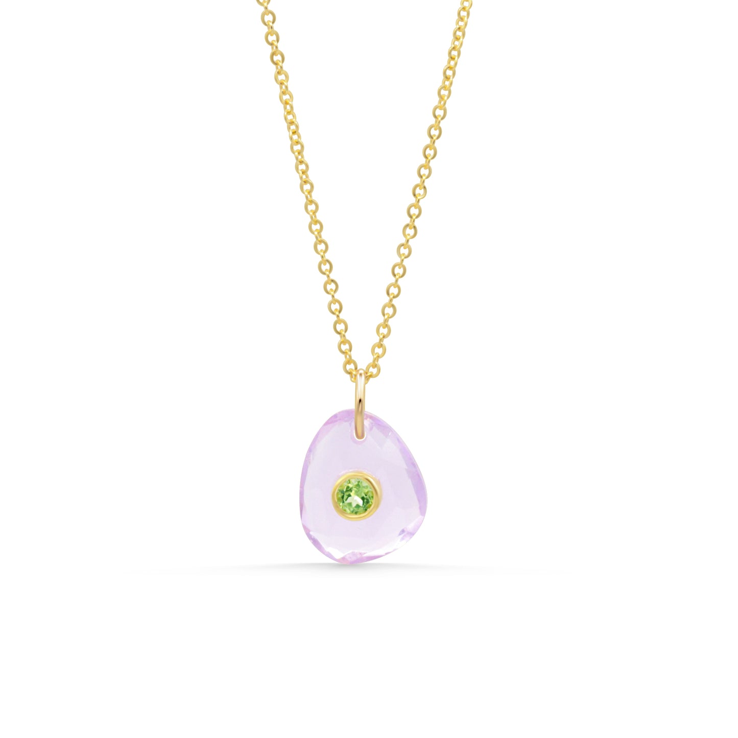 Wild Iris pendant by Earthly Abundance featuring amethyst and peridot gemstones on a delicate silver chain.