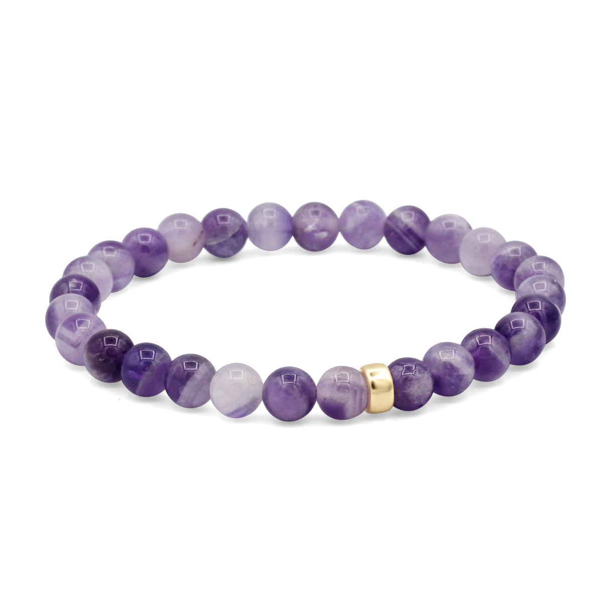 Chevron Amethyst bracelet featuring polished purple and white gemstone beads from Earthly Abundance.