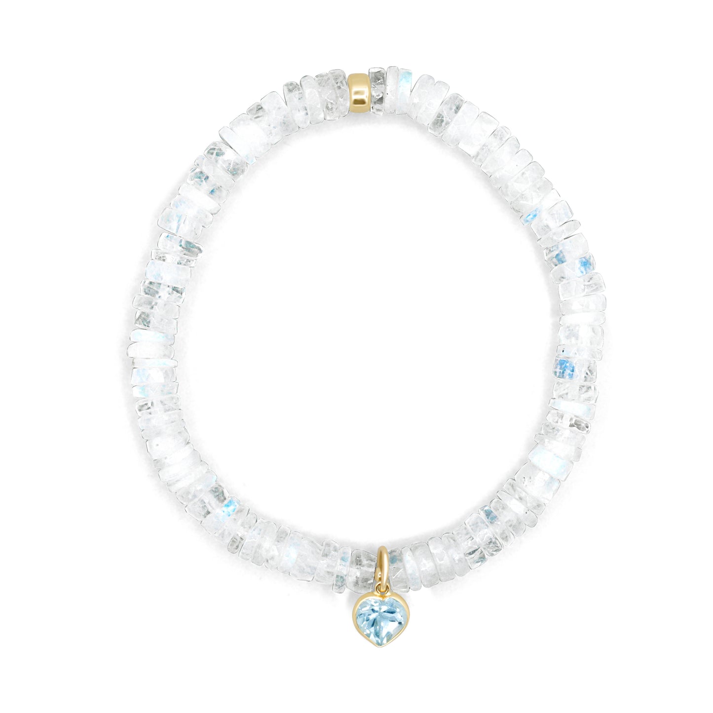 Elegant moonstone bracelet with blue topaz heart charm in 14K gold, featuring polished gemstones and delicate chain.