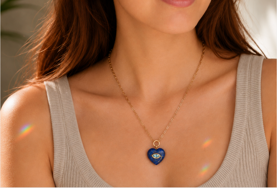 Lapis lazuli heart-shaped necklace by Earthly Abundance featuring a midnight blue gemstone pendant on a delicate chain.