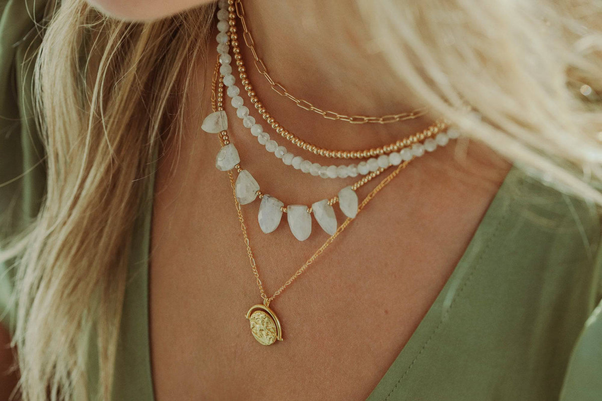 Greek Figaro necklace from Earthly Abundance Jewelry featuring layered gold chain links on a white background.