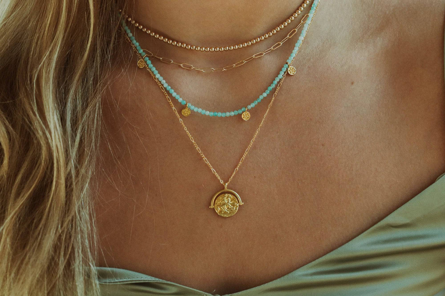 Greek Figaro necklace from Earthly Abundance Jewelry featuring interconnected chain links in a classic, elegant design.